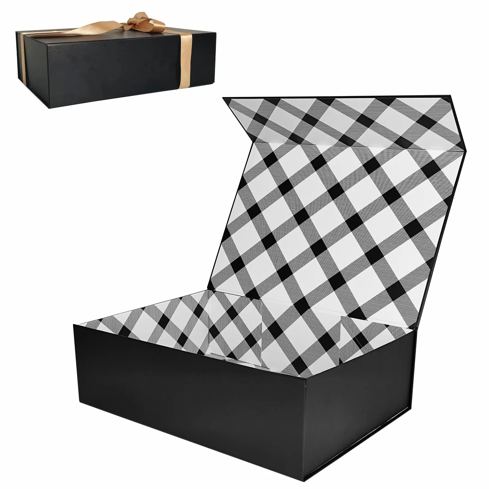 Tekhoho Duże czarne pudełko prezentowe 33 x 23,7 x 10 cm, wysokiej jakości pudełko prezentowe z magnetyczną pokrywką i wstążką prezentową na święta, ślub, urodziny, do pakowania prezentów, podszewki