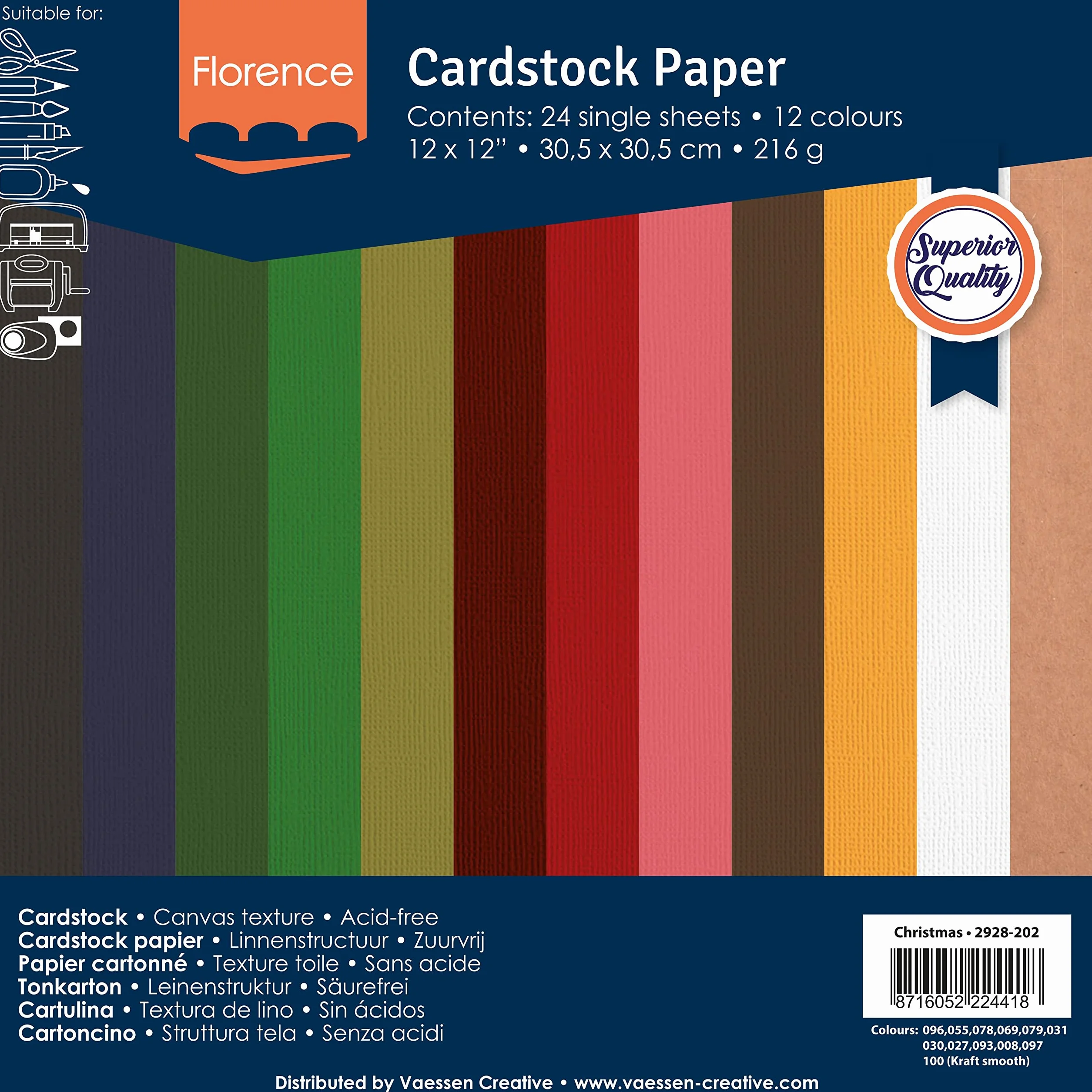 Karton Florence teksturowany, wielokolorowy, 30,5 x 30,5 cm, Boże Narodzenie, 24 arkusze, kolorowy papier do scrapbookingu, tworzenia kart i innych rzemiosł papierowych, 216 g/m²