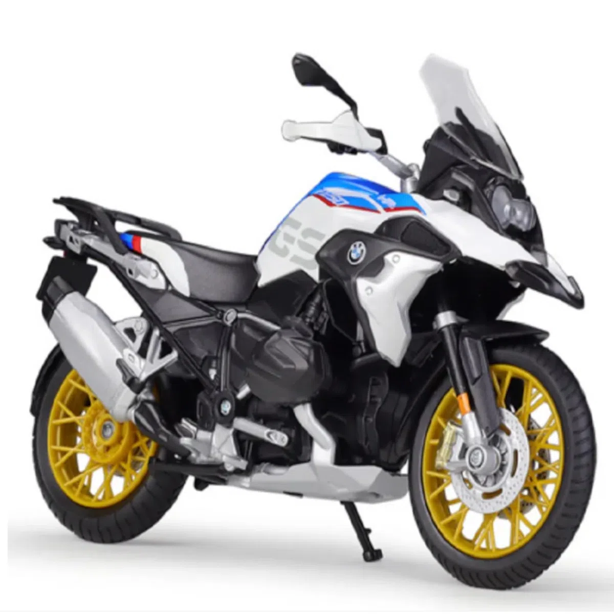 Maisto BMW R1250GS: model motocykla w skali 1:12, ze sprężyną i rozkładanym stojakiem bocznym, 17 cm, niebiesko-biały (5-20100), średni