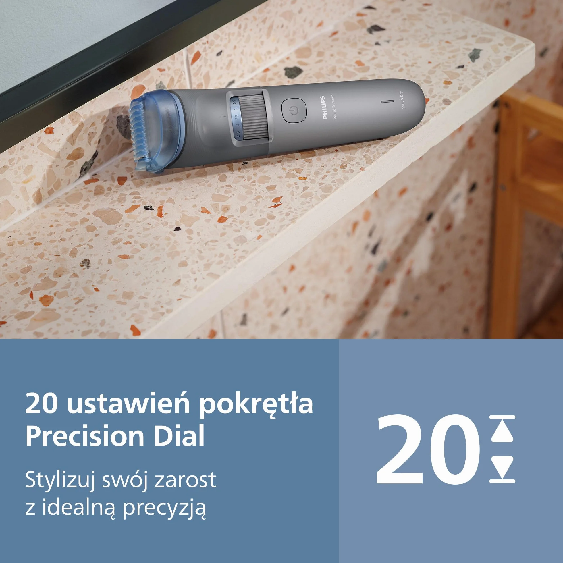 Trymer do brody Philips z serii 3000 – samoostrzące się ostrza z zaokrąglonymi końcówkami, 20 ustawień, nasadka Lift&Trim, 100% wodoodporności, wskaźnik naładowania baterii, miękkie etui, BT3619/15