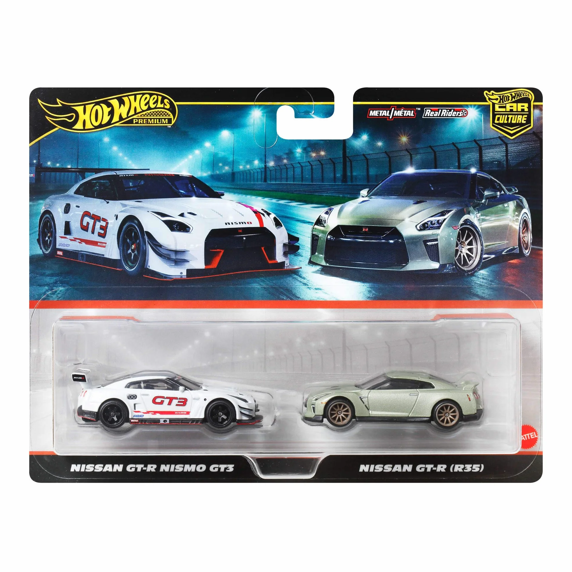 Hot Wheels Premium Kultowe auta Nissan GTR 2-pak samochodów w skali 1:64, wyjątkowe połączenia, opony Real Riders, metalowa konstrukcja, zestaw auta dla kolekcjonerów, JBL05