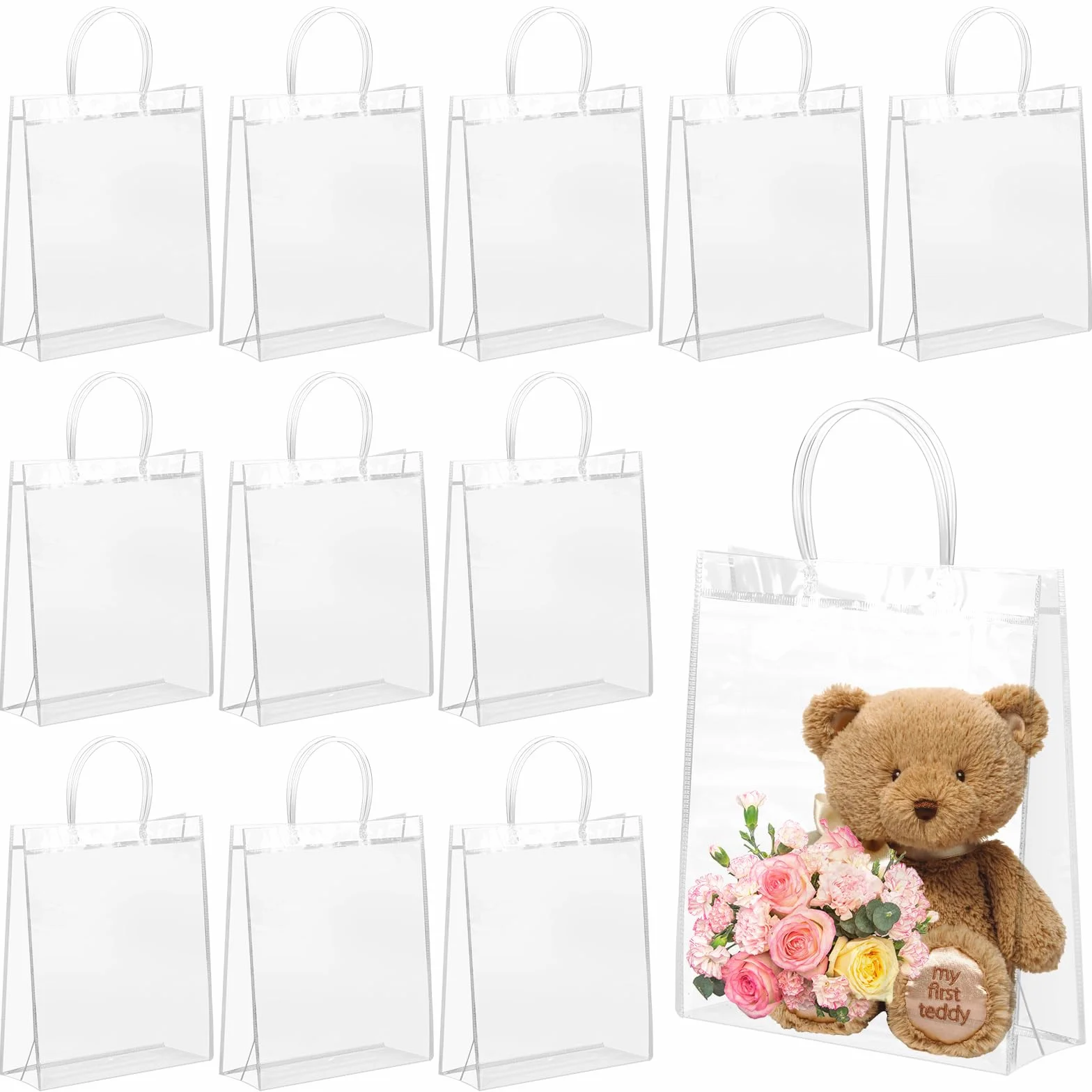 FINEASY 12 przezroczystych torebek na prezenty, 26 x 20 x 8 cm, przezroczyste torebki z uchwytami, wielokrotnego użytku PCW na imprezy, urodziny i zakupy