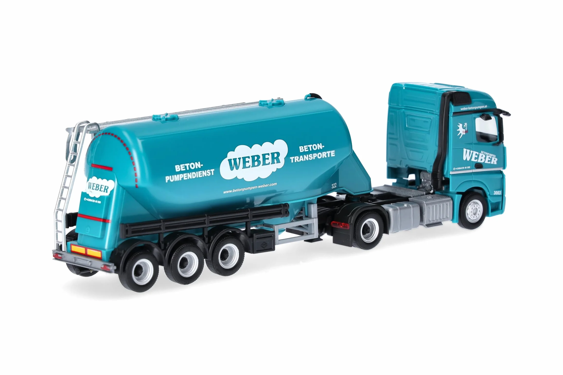 Herpa model ciężarówki Mercedes-Benz Actros 18 Streamspace zestaw z naczepą silosową „Weber Betonpumpen” (Austria), miniatura w skali 1:87, model kolekcjonerski, Made in Germany, tworzywo sztuczne