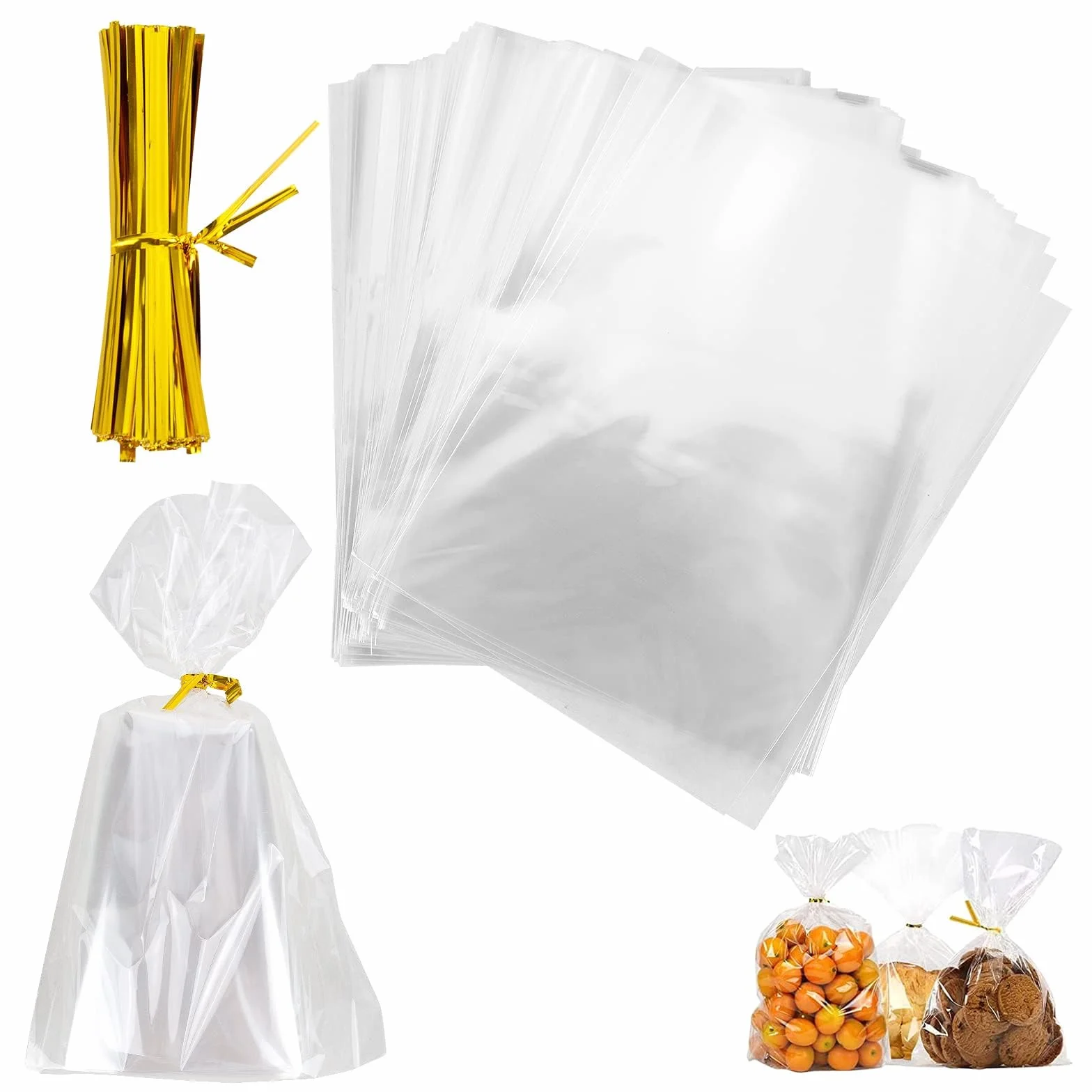 Torby celofanowe, 200 sztuk, plastikowa, 15 x 20 cm, na ciasteczka z 200 złotymi opaskami kablowymi, przezroczyste torebki na słodycze, na przyjęcie urodzinowe dla dzieci