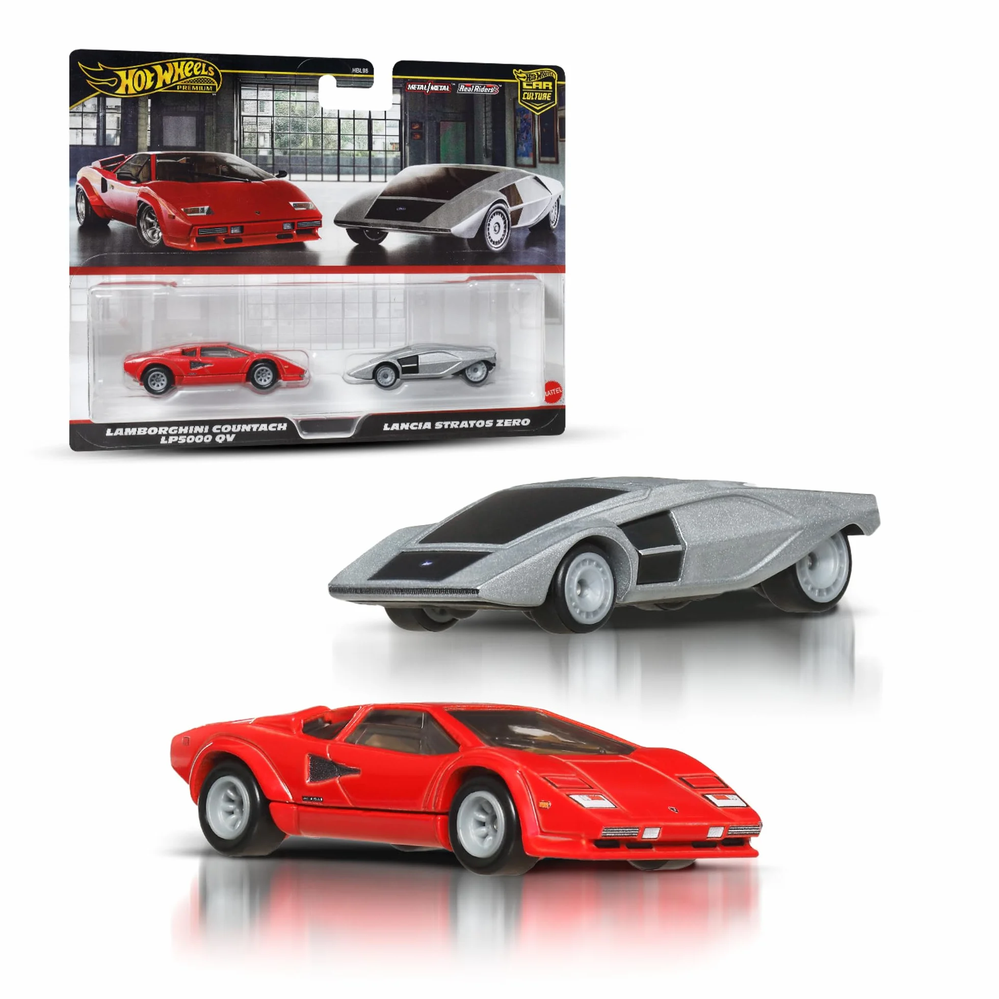 Hot Wheels Premium Kultowe auta Lamborghini/Lancia 2-pak samochodów w skali 1:64, wyjątkowe połączenia, opony Real Riders, metalowa konstrukcja, zestaw auta dla kolekcjonerów, JBL02