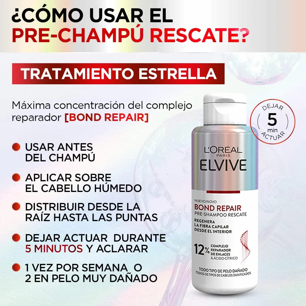 L'Oréal Paris Elvive Bond Repair Skrzynia Rekonstrukcja wstępnego szamponu, szampon bez siarczanów, głęboka odbudowa odżywka, zabieg do naprawy zniszczonych włosów, wielokolorowy