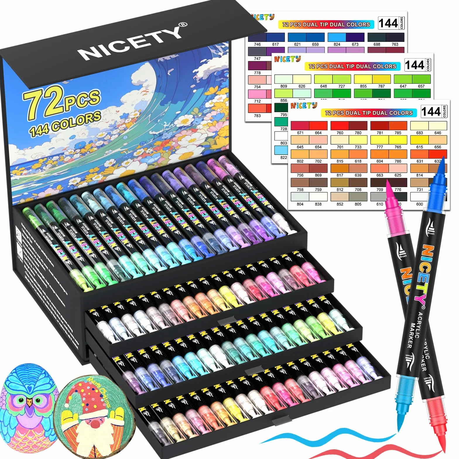 NICETY 144 Kolory Pisaki Akrylowe - 72 Sztuk Markery z Końcówką Pędzelkową do Malowania na Kamieniu, Drewnie, Szkle, Ceramice - Podwójna Końcówka Podwójny Kolor Markery na Bazie Wody