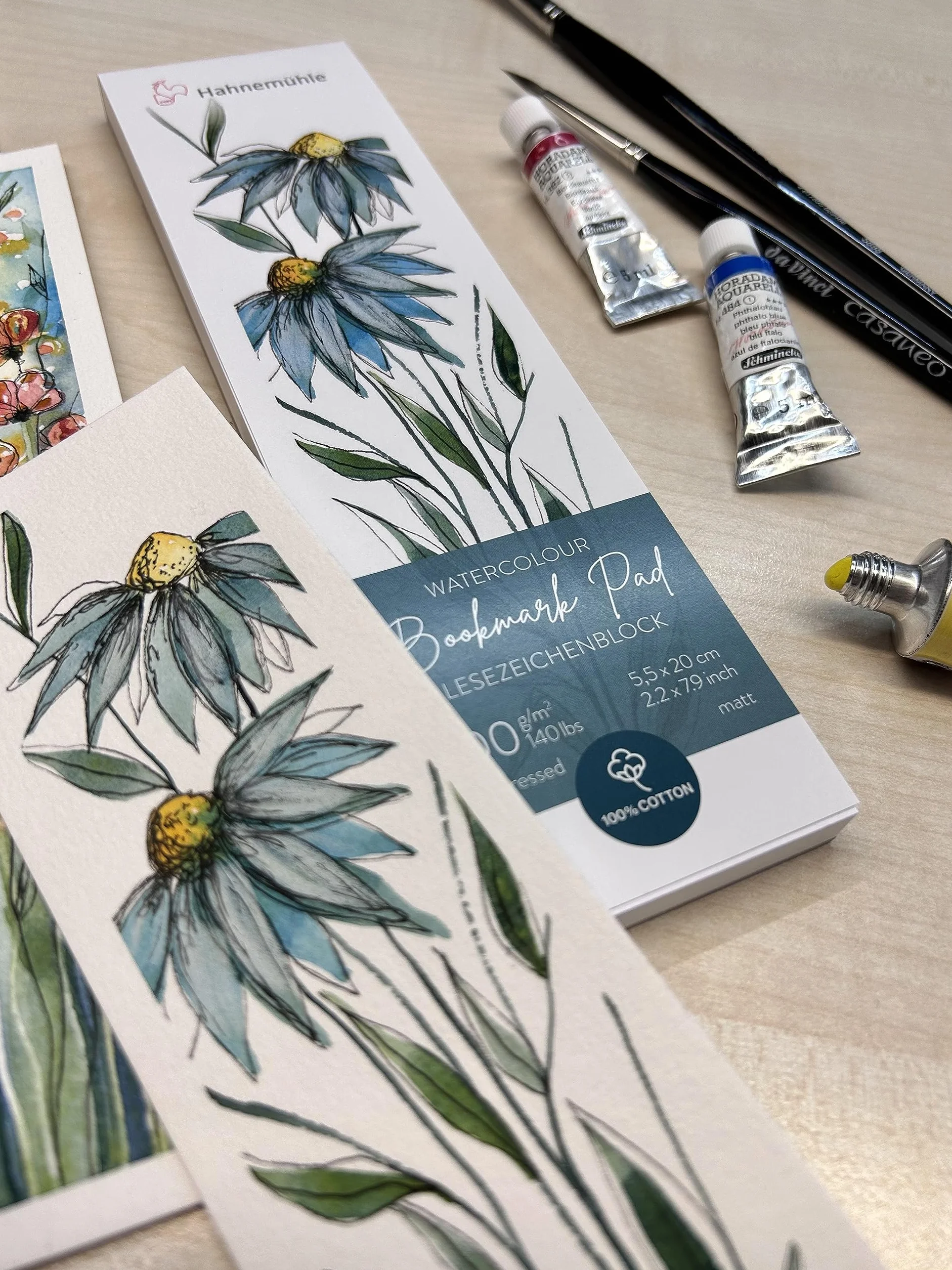 Hahnemühle Watercolour Bookmark Pad, akwarelowy blok do zakładek, 100% bawełna, matowa, 300 g/m², 5,5 x 20 cm, 15 arkuszy