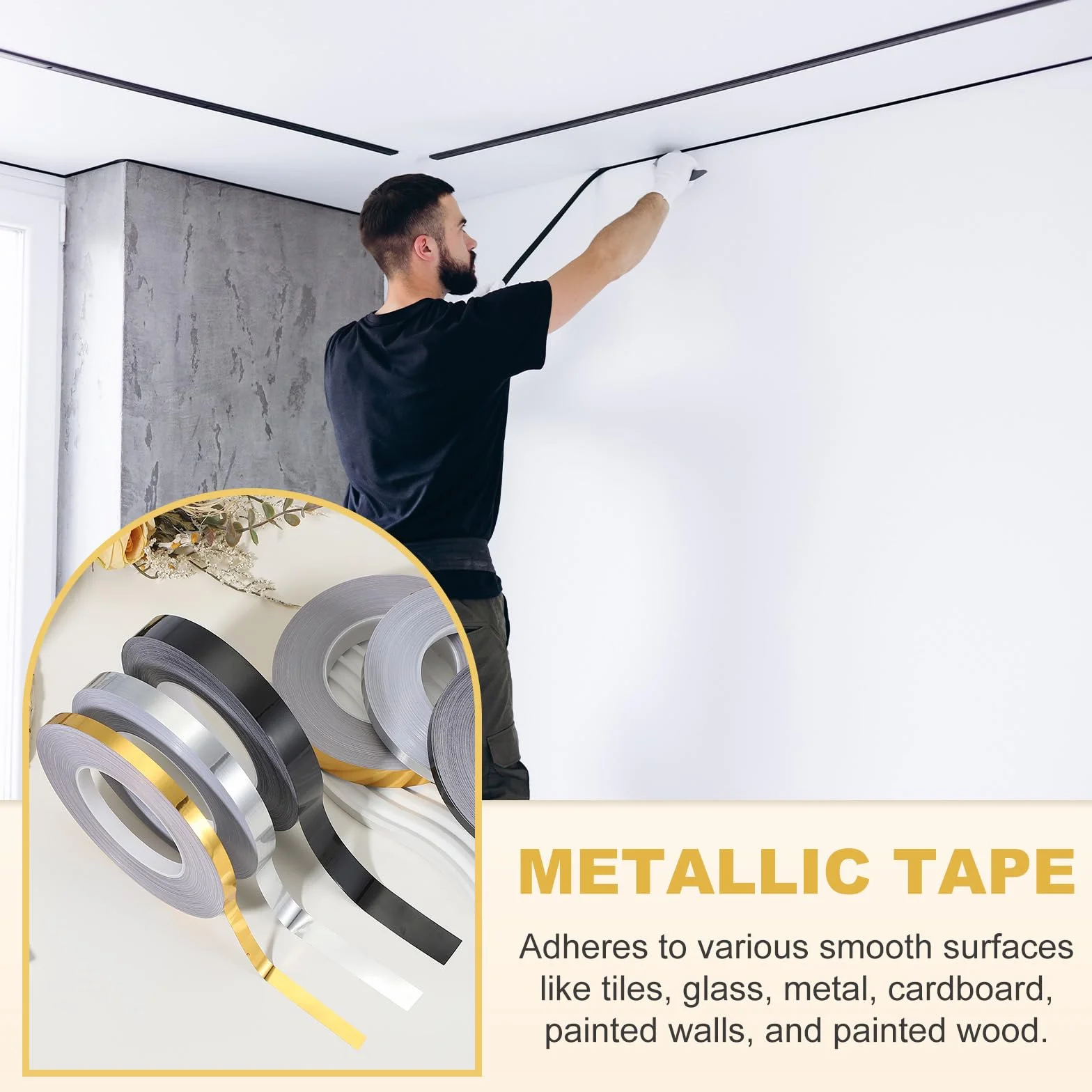 PATIKIL Metalizowana taśma z folii poliestrowej 10 mm x 50 m, metaliczna taśma dekoracyjna, szczotkowane srebro, samoprzylepna taśma lustrzana do szczegółów, ściany akcentującej, grafiki, łodzi