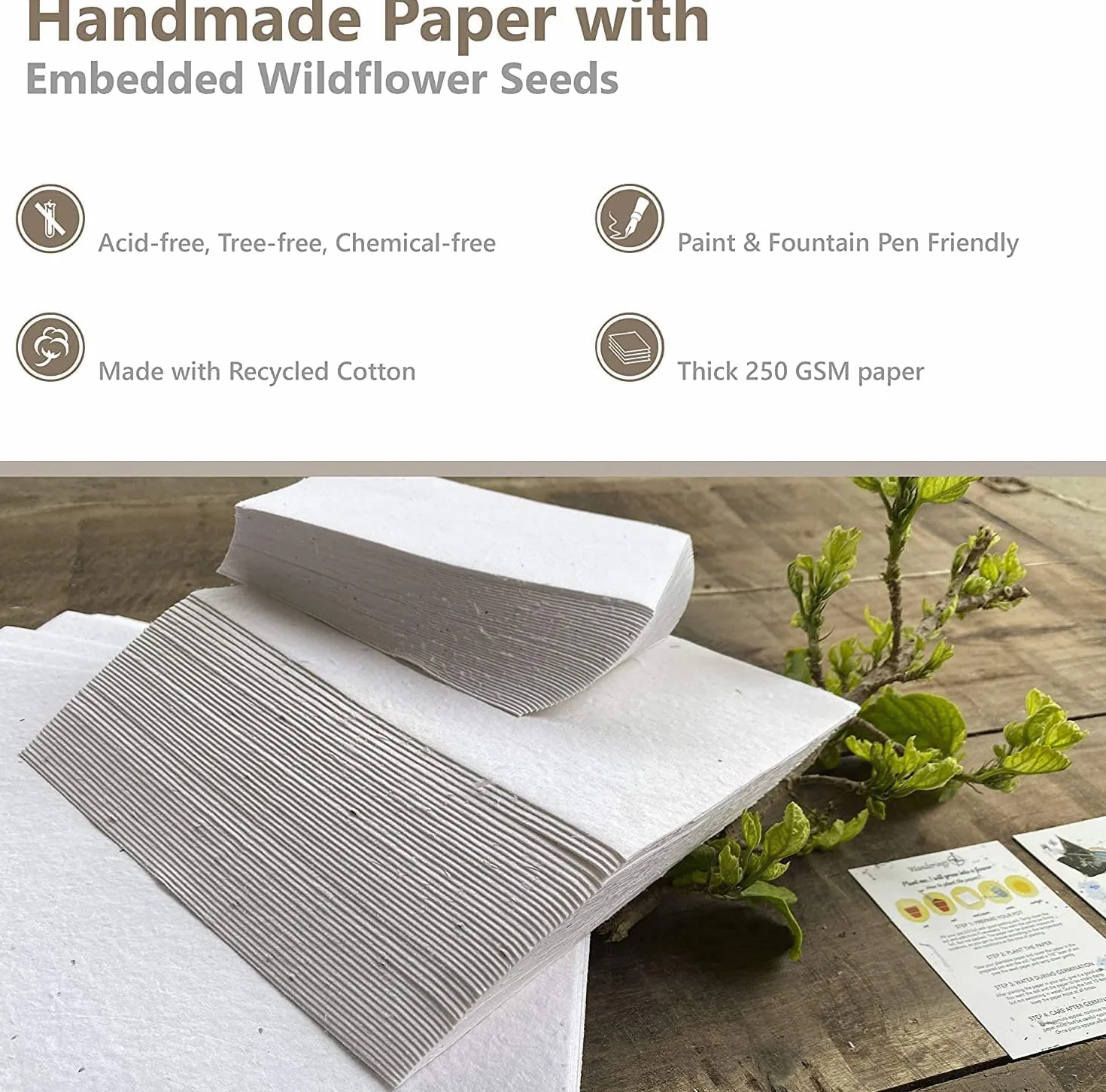 WANDERINGS Handgemachte Blumensamen Papierkarten – 5x9 cm – Packung mit 50 – Pflanzbare Samenpapierkarten mit Eingebetteten Wildblumensamen für Einladungen – Dick 250 GSM