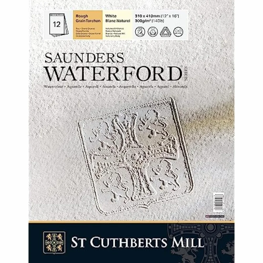ST. CUTHBERTS MILL Saunders Waterford, szorstki papier akwarelowy, 300 g/m², blok klejony na krótszym boku, 23 x 31 cm, naturalna biel, 12 arkuszy