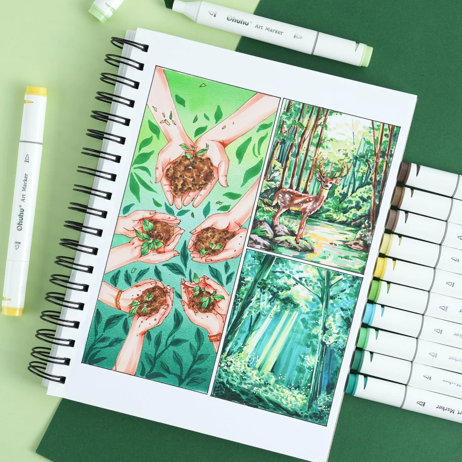Ohuhu Sketchbook 18x25 cm, 150GSM Blok do Markerów bez Przeciekania dla Artystów, 60 Kartek/120 Stron Spirala, Papier do Rysowania Dwustronny, Nie Przecieka dla Markerów Alkoholowych