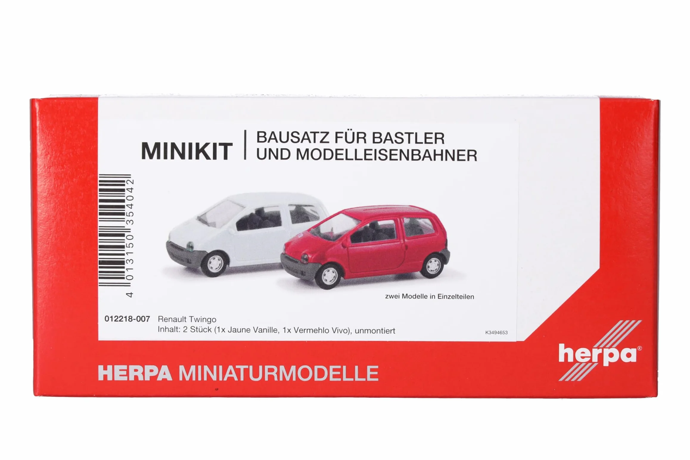 Herpa Zestaw modelarski MiniKit Renault Twingo, zestaw 2 szt., Vermehlo Vivo/Jaune Vanille, miniatura w skali 1:87, przedmiot kolekcjonerski, zestaw do modelarstwa, tworzywo sztuczne