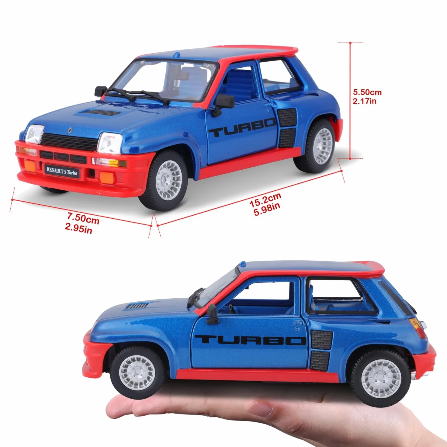 Bburago - Renault 5 Turbo, Samochód Diecast Skala 1:24, Szczegółowa Replika z Otwieranymi Drzwiami, Dostępny w Kolorze Niebieskim i Czerwonym, Licencja Renault, Wiek 3+