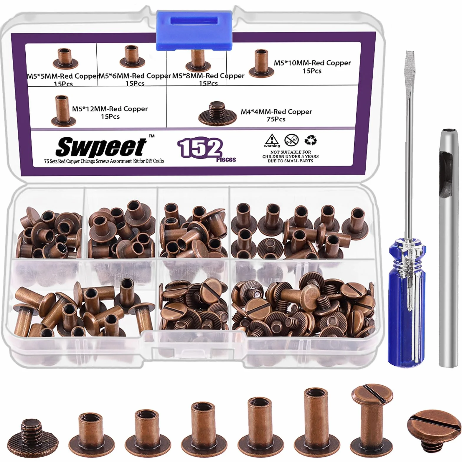 Swpeet 152 szt. M5 x 5 mm, 6 mm, 8 mm, 10 mm, 12 mm czerwone brązowe wkręty do skóry nity sortowane z dziurką i śrubokrętem, okrągła płaska śruba do rękodzieła i introligatorstwa