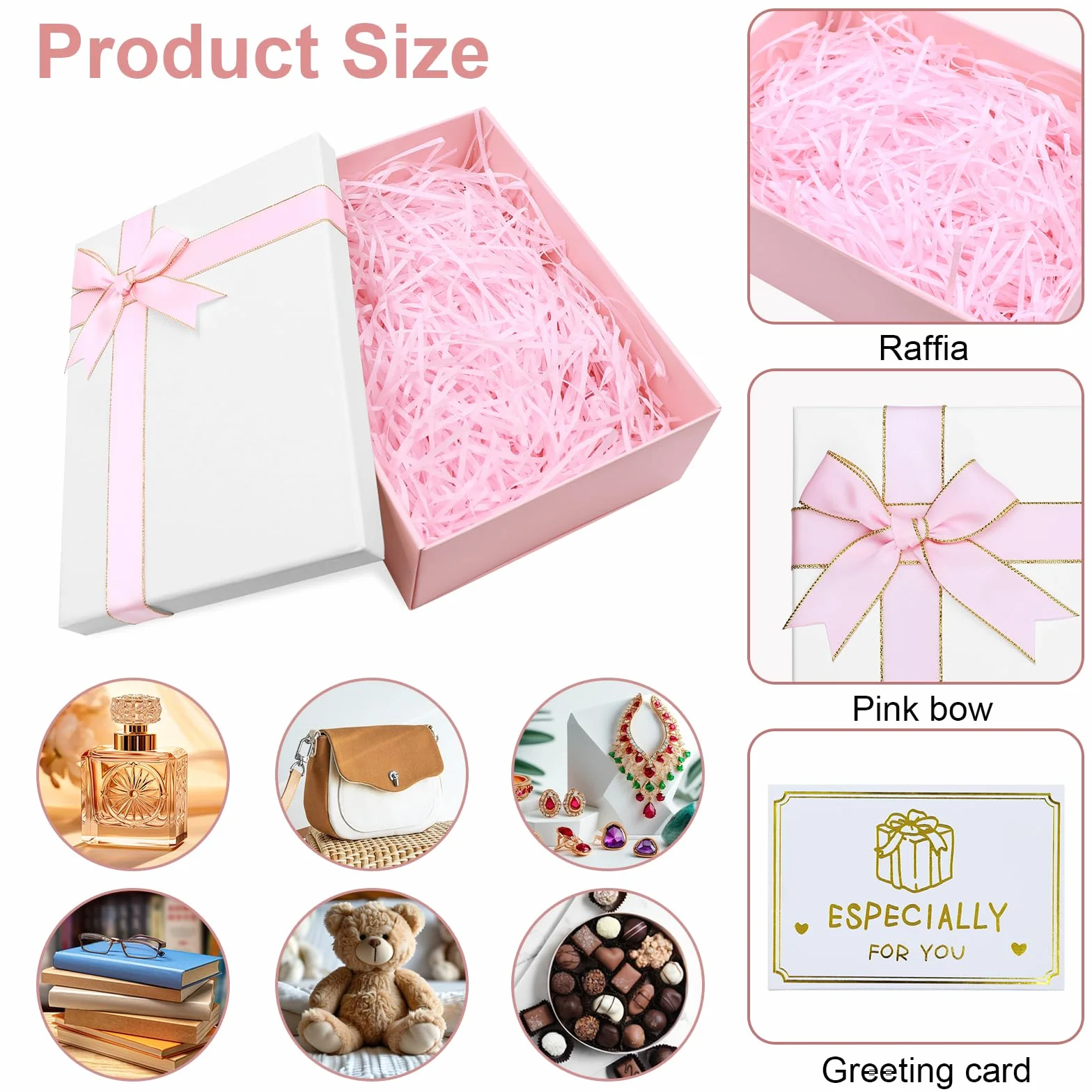 Realjoy Pudełko prezentowe z kokardą, 25 x 18 x 8,5 cm, różowe, składane puste pudełko upominkowe z pokrywką, kartki okolicznościowe i Rafia na wesela, urodziny, Walentynki i Boże Narodzenie (biała