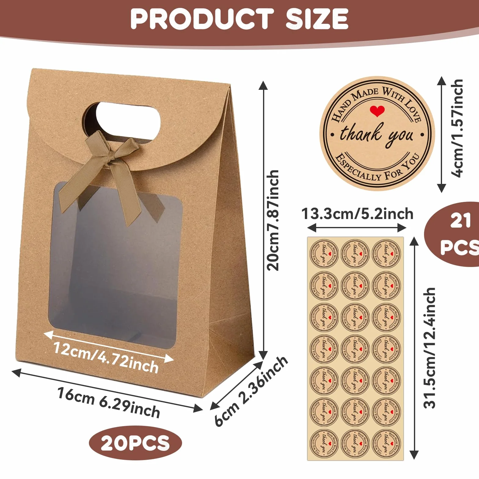 QingWing 20 sztuk papierowych toreb na prezenty z przezroczystym okienkiem i uchwytami, 12 x 6 x 16 cm papierowe torby na zakupy z naklejkami, na przekąski i słodkie wesela, Boże Narodzenie