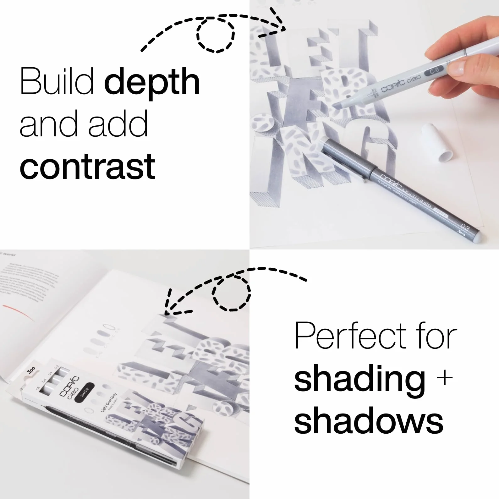 Zestaw cieni Copic Ciao "Light Cool Gray", 3 podwójne markery z jedną końcówką o średniej szerokości i jedną końcówką pędzelkową, w tym Multiliner Cool Gray 0,3 mm