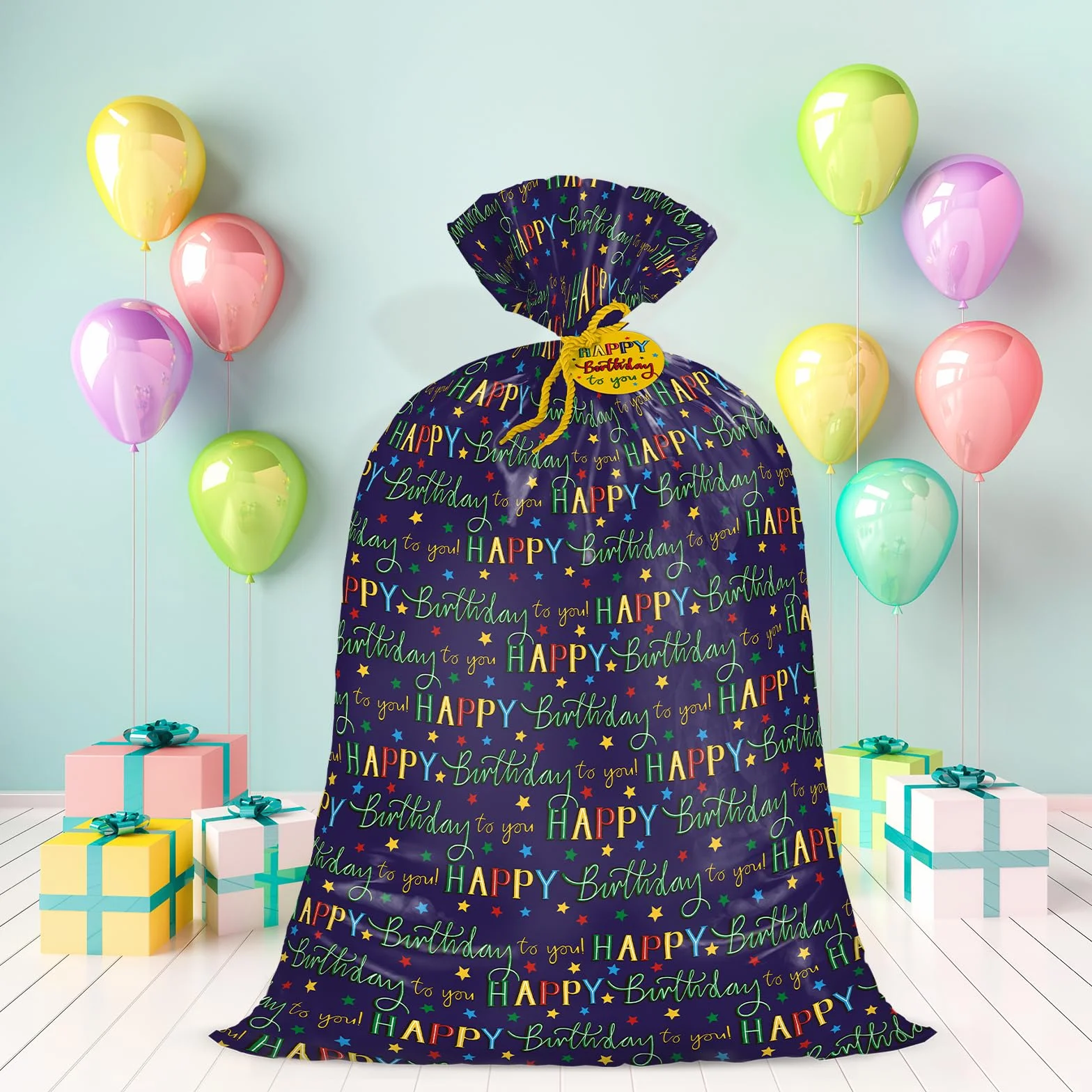 Loveinside Duża plastikowa torba na prezent urodzinowy 142 cm - kolorowe litery z okazji urodzin i wzór gwiazd na urodziny dzieci, imprezy, świętowanie lub na każdą okazję - 142 x 91 cm