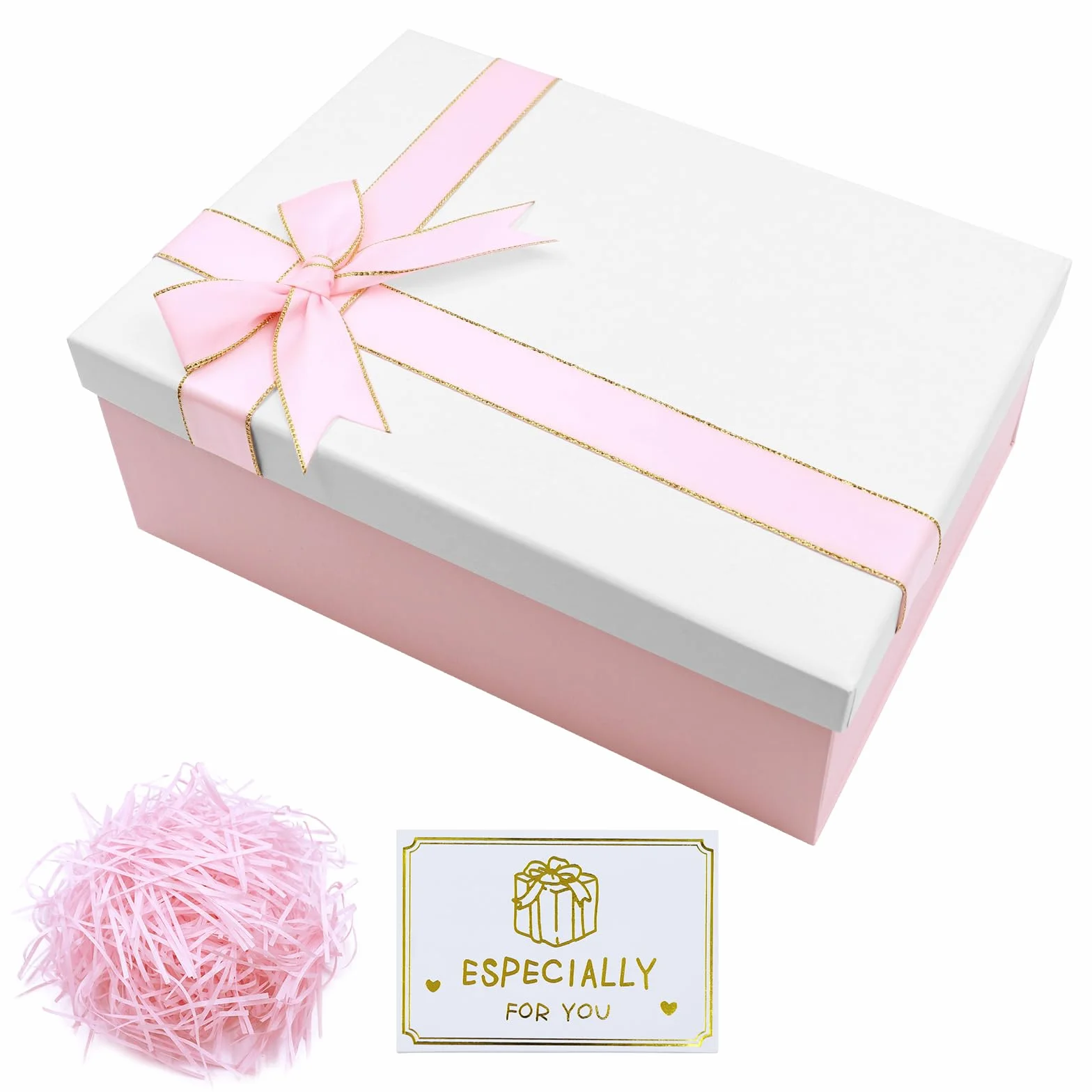 Realjoy Pudełko prezentowe z kokardą, 25 x 18 x 8,5 cm, różowe, składane puste pudełko upominkowe z pokrywką, kartki okolicznościowe i Rafia na wesela, urodziny, Walentynki i Boże Narodzenie (biała