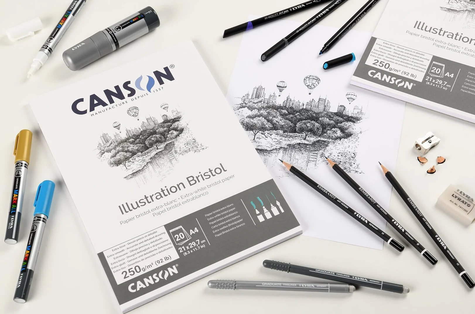 Canson Bristol papier 250 g/m², wysoka biel i ultra gładka, podkładka A4 z 20 arkuszami
