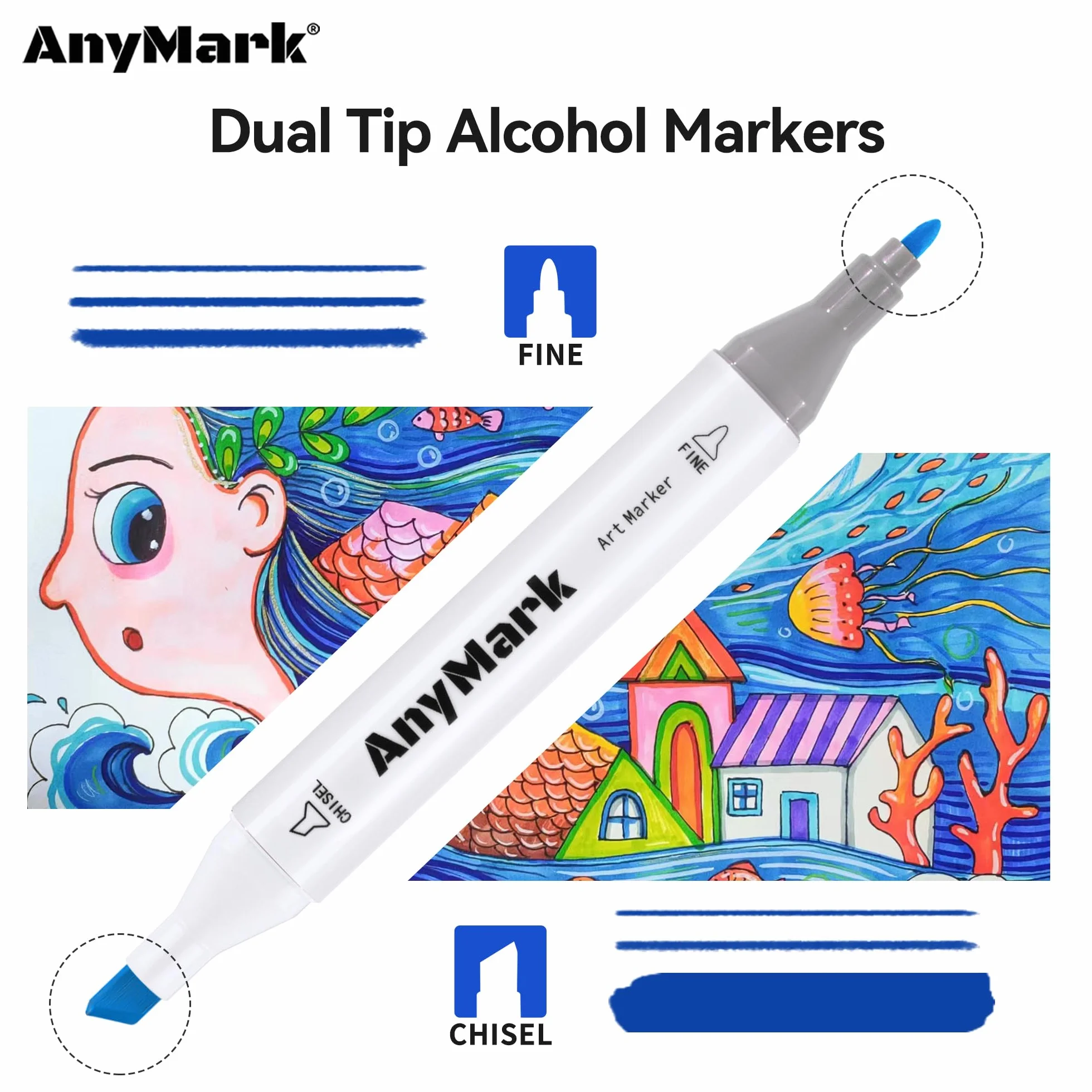 AnyMark Markery Alkoholowe, Zestaw 100 Kolorów, Podwójna Końcówka, Dłuto i Cienka Końcówka, Idealne dla Artystów, Malujących i Ilustratorów
