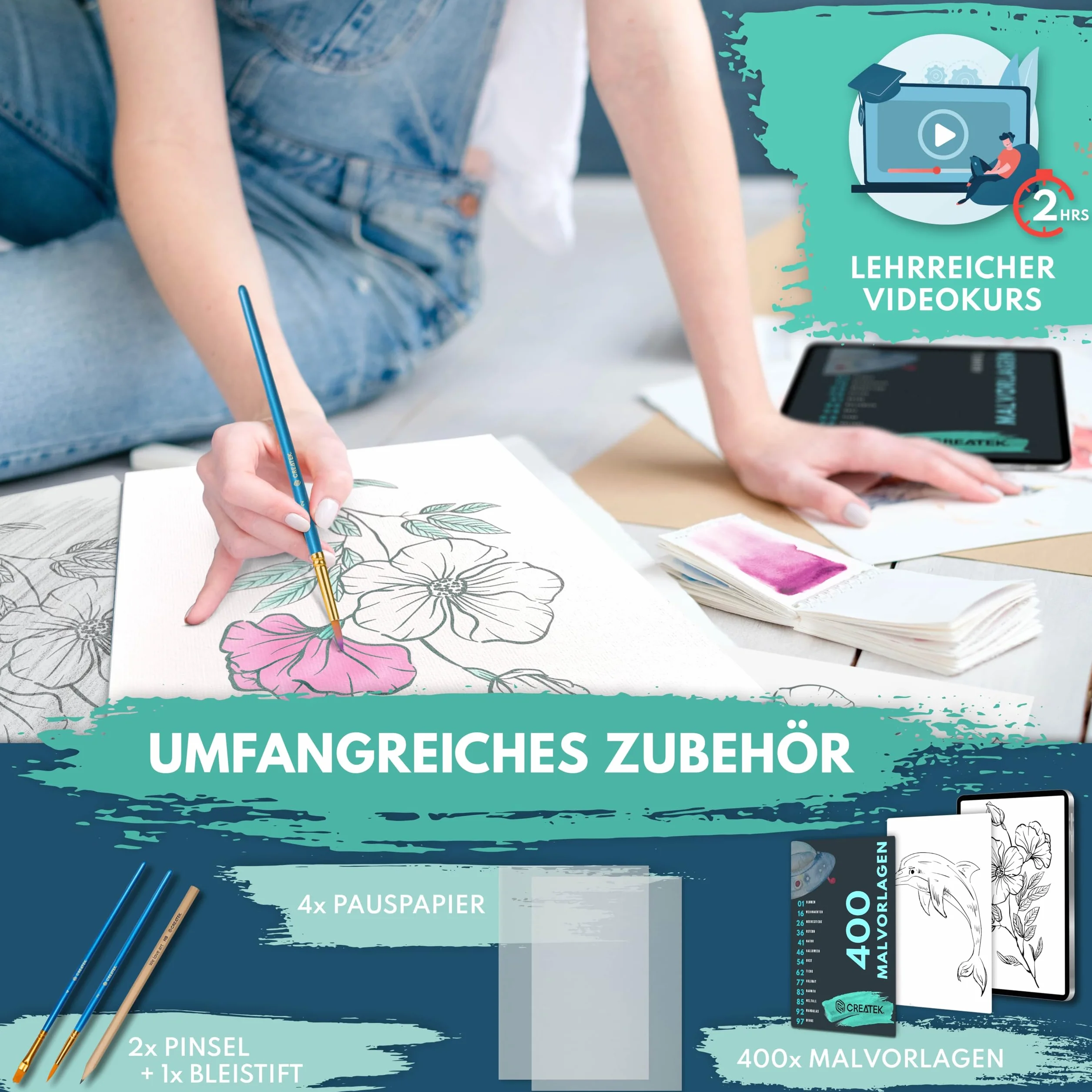 CreaTek Papier akwarelowy A4 300 g, w zestawie 2-godzinny kurs wideo, 30 arkuszy bloków akwarelowych + 2 pędzle + ołówek + 400 szablonów do malowania - farby akwarelowe