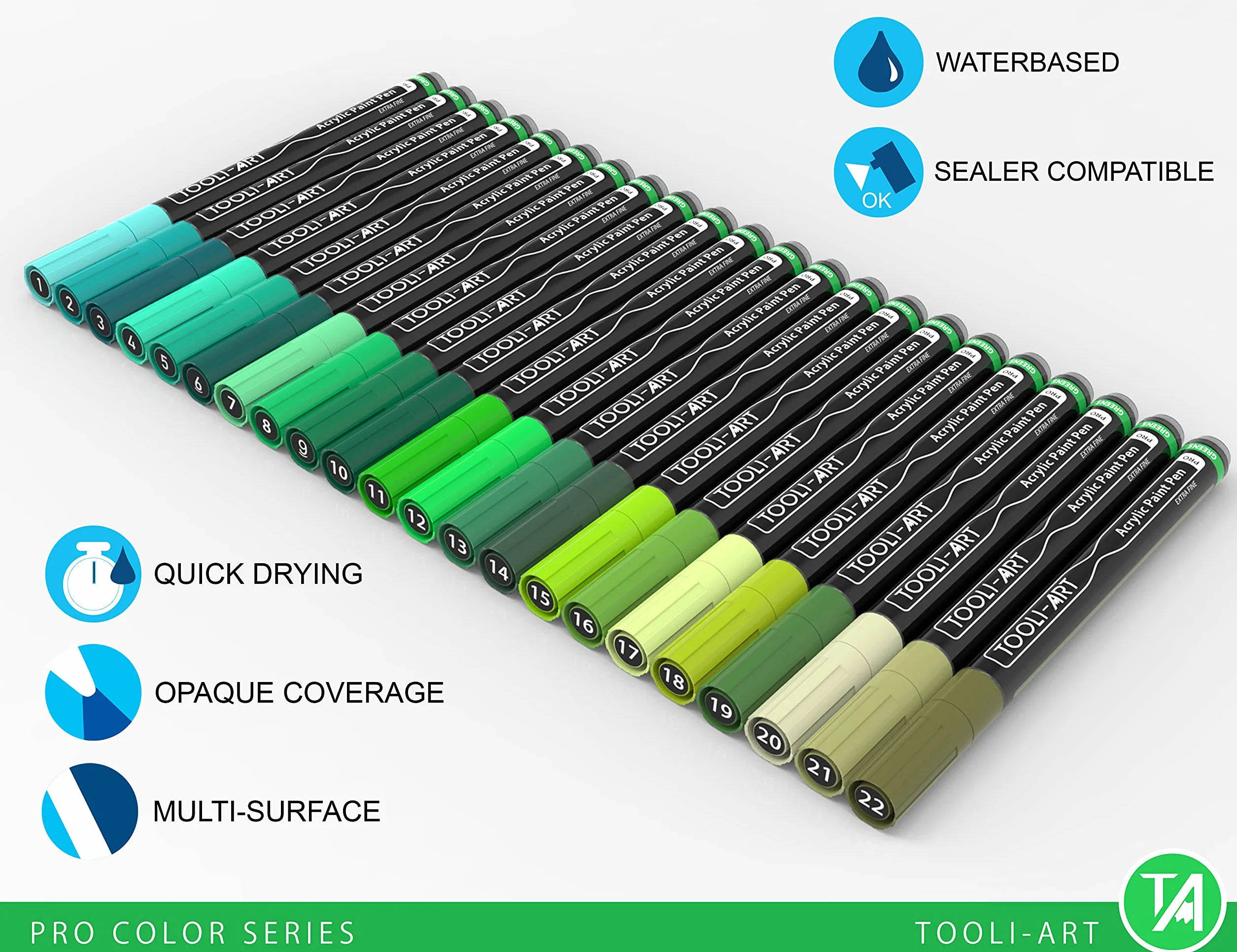 TOOLI-ART Zestaw markerów akrylowych, 22 różne zielone markery z serii Pro Color, 0,7 mm, bardzo cienka końcówka do malowania skalnego, szkła, kubków, drewna, metalu, płótna, DIY, nietoksyczne, na