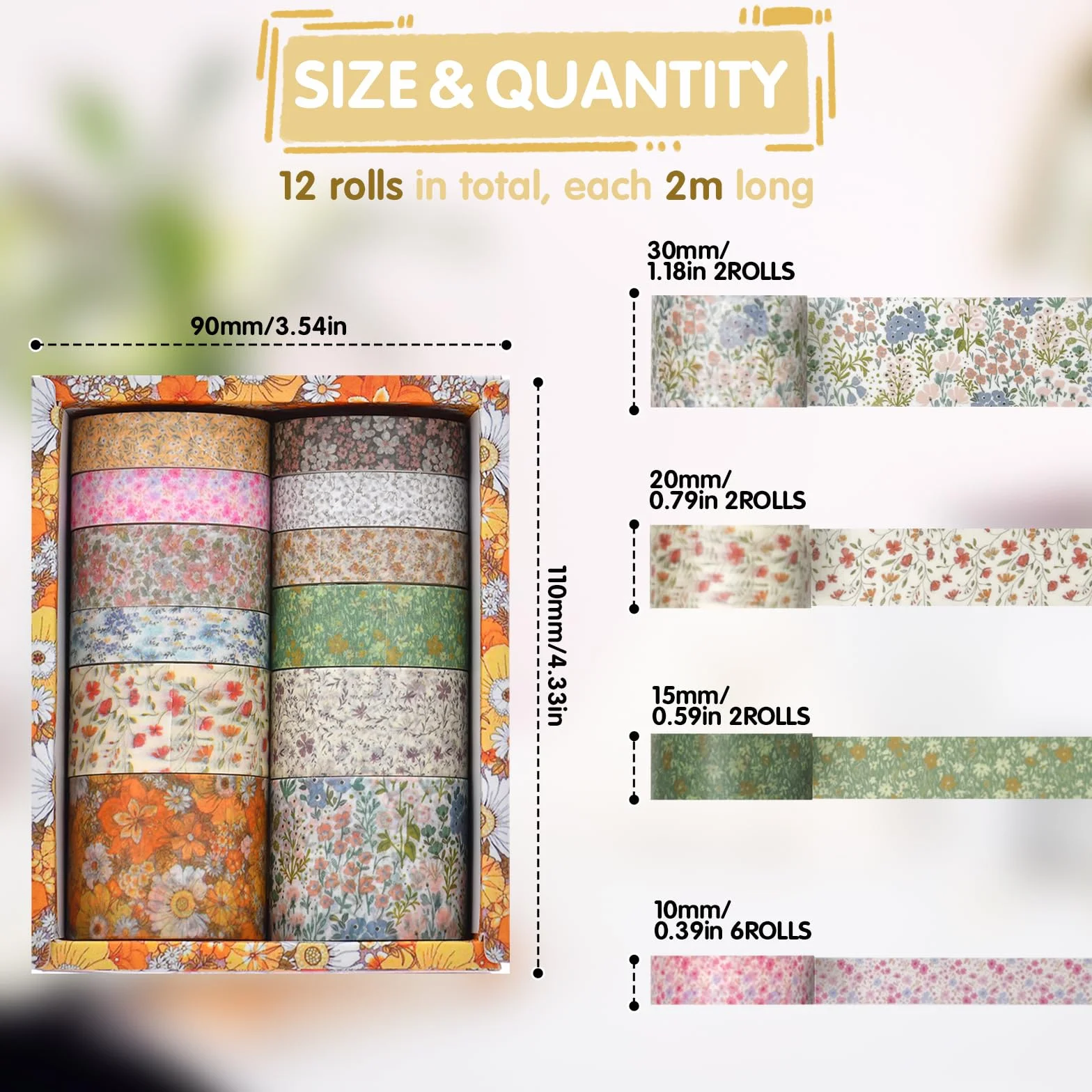 VINEST 12 rolek taśm Washi, kolorowe dekoracyjne taśmy klejące, taśma Washi Tape Scrapbooking Materiały Kolorowe wstążki, papier do scrapbookingu do majsterkowania, sortowanie przedmiotów DIY