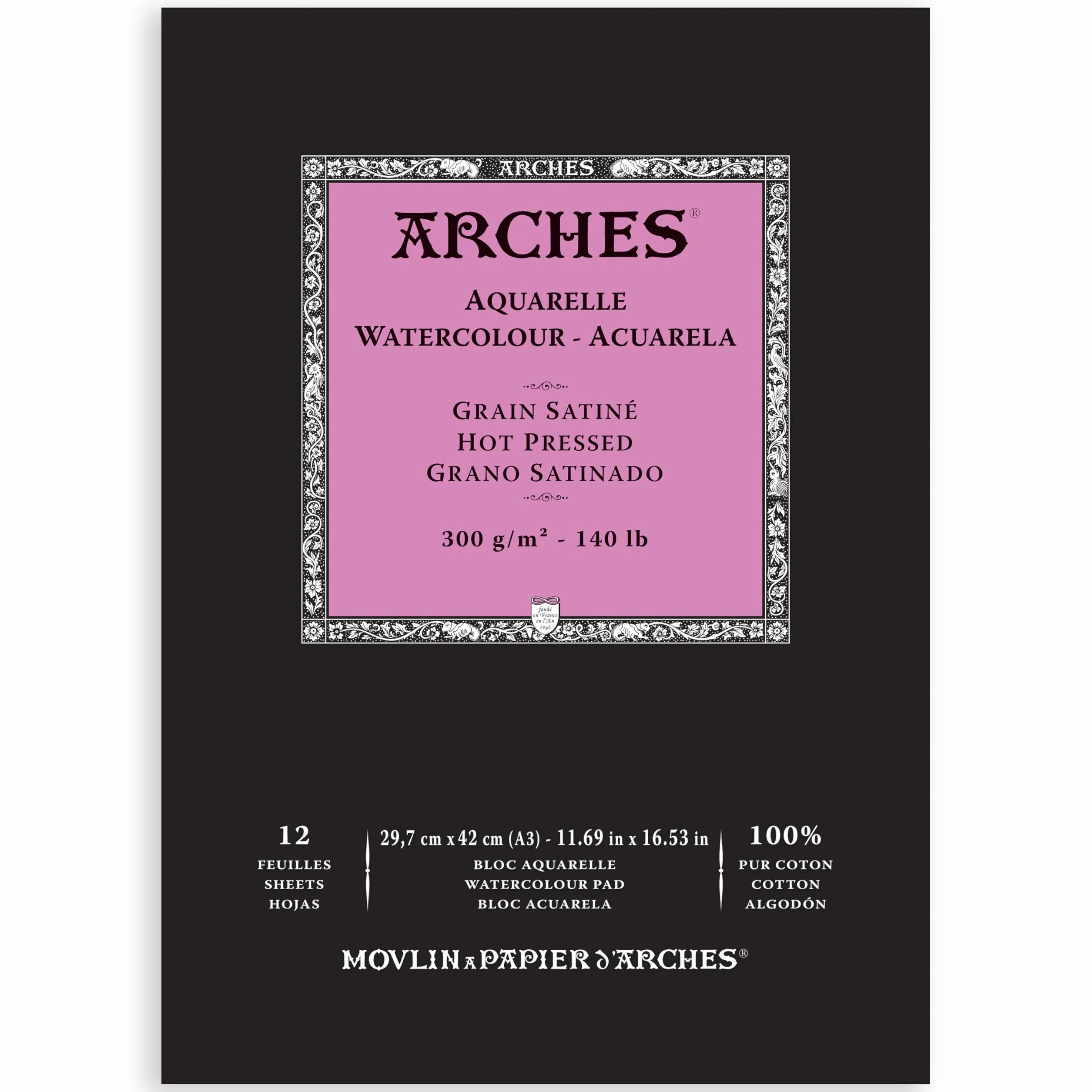 ARCHES A1795099 akwarele 100% satyna 300 g blok klejony A3 12 arkuszy naturalny biały