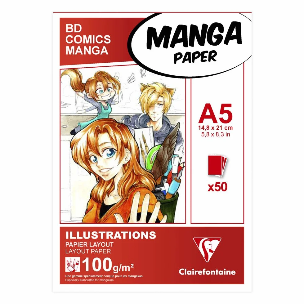 Clairefontaine 94041C – Blok klejony papier do mangi i ilustracji – 50 arkuszy białego, gładkiego papieru A5 14,8x21 cm 100 g – do rysowania markerami alkoholowymi