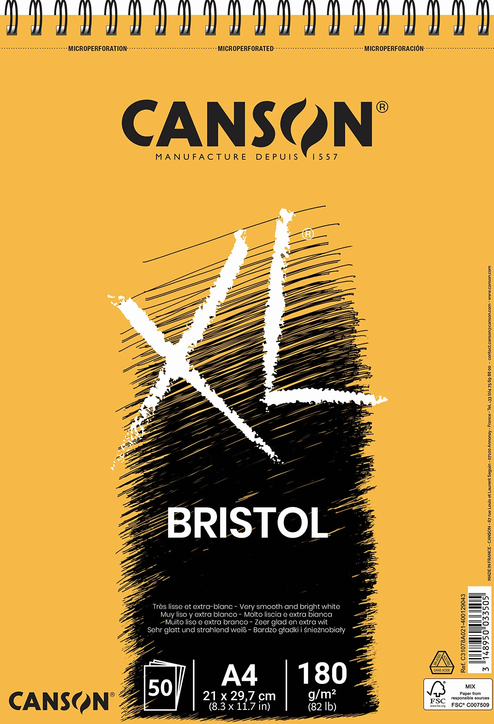 Canson XL Bristol blok do rysunku na spirali, A4, 50 arkuszy, 180 g/m², bardzo gładki