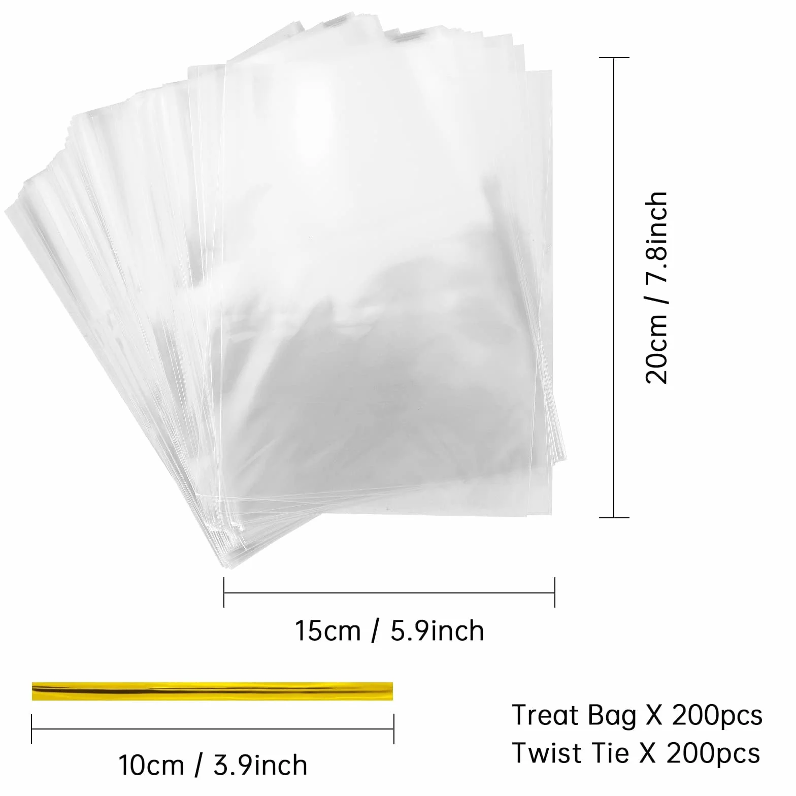 Torby celofanowe, 200 sztuk, plastikowa, 15 x 20 cm, na ciasteczka z 200 złotymi opaskami kablowymi, przezroczyste torebki na słodycze, na przyjęcie urodzinowe dla dzieci