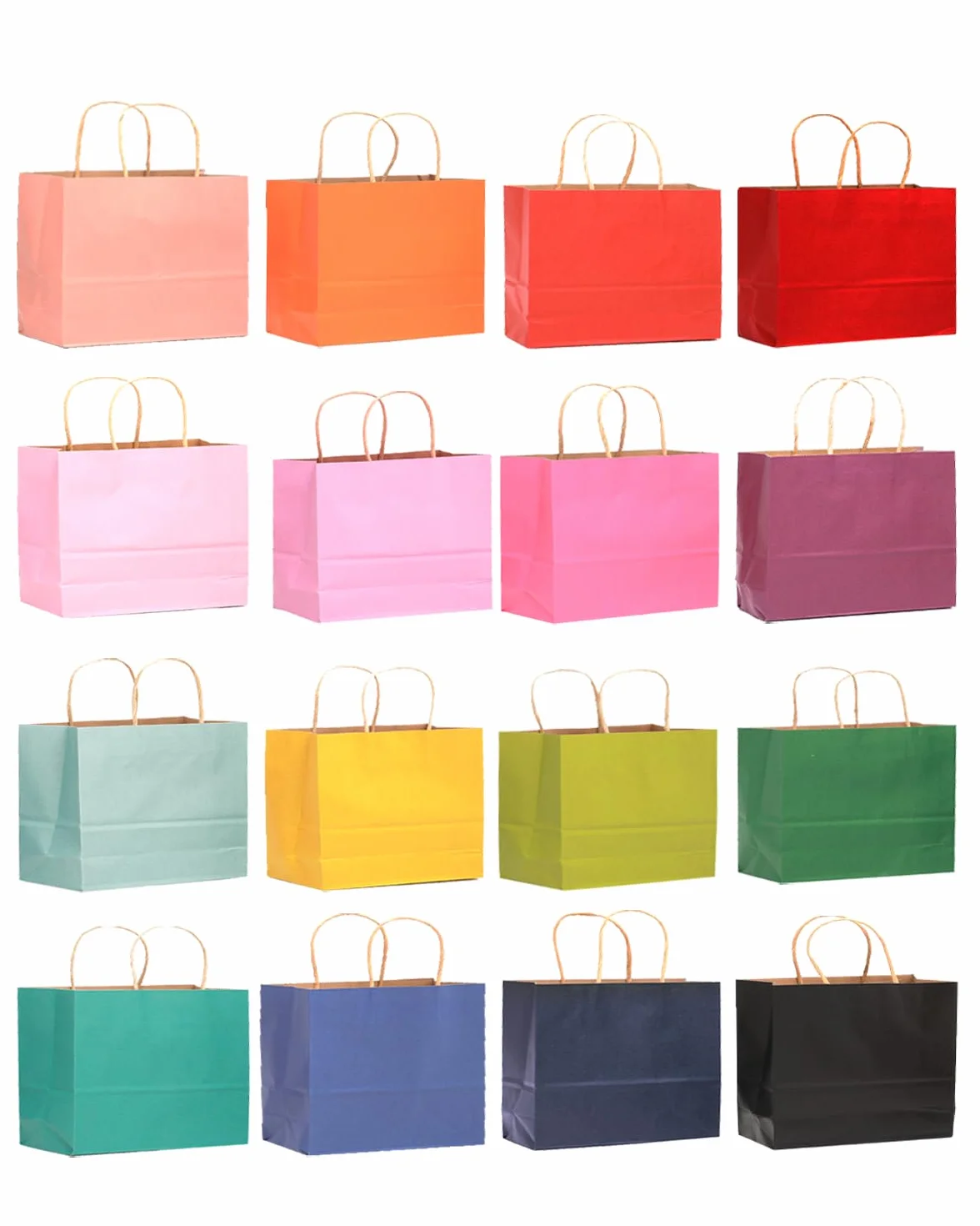 Gcardist 100 sztuk dużych torebek na prezenty z papieru z uchwytami – 32 cm × 11 cm × 25 cm, torebki na imprezę z papieru kraft – 16 jednolitych kolorów