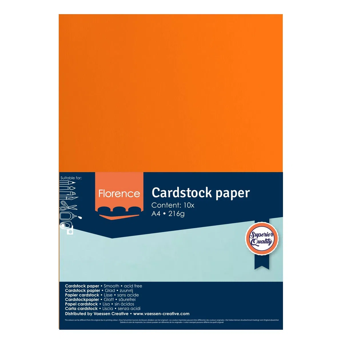 Vaessen Creative 2927-012 Florence Cardstock papier, pomarańczowy, 216 g/m², DIN A4, 10 sztuk, gładkie, do scrapbookingu, produkcji kartek, wytłaczania i innych prac ręcznych