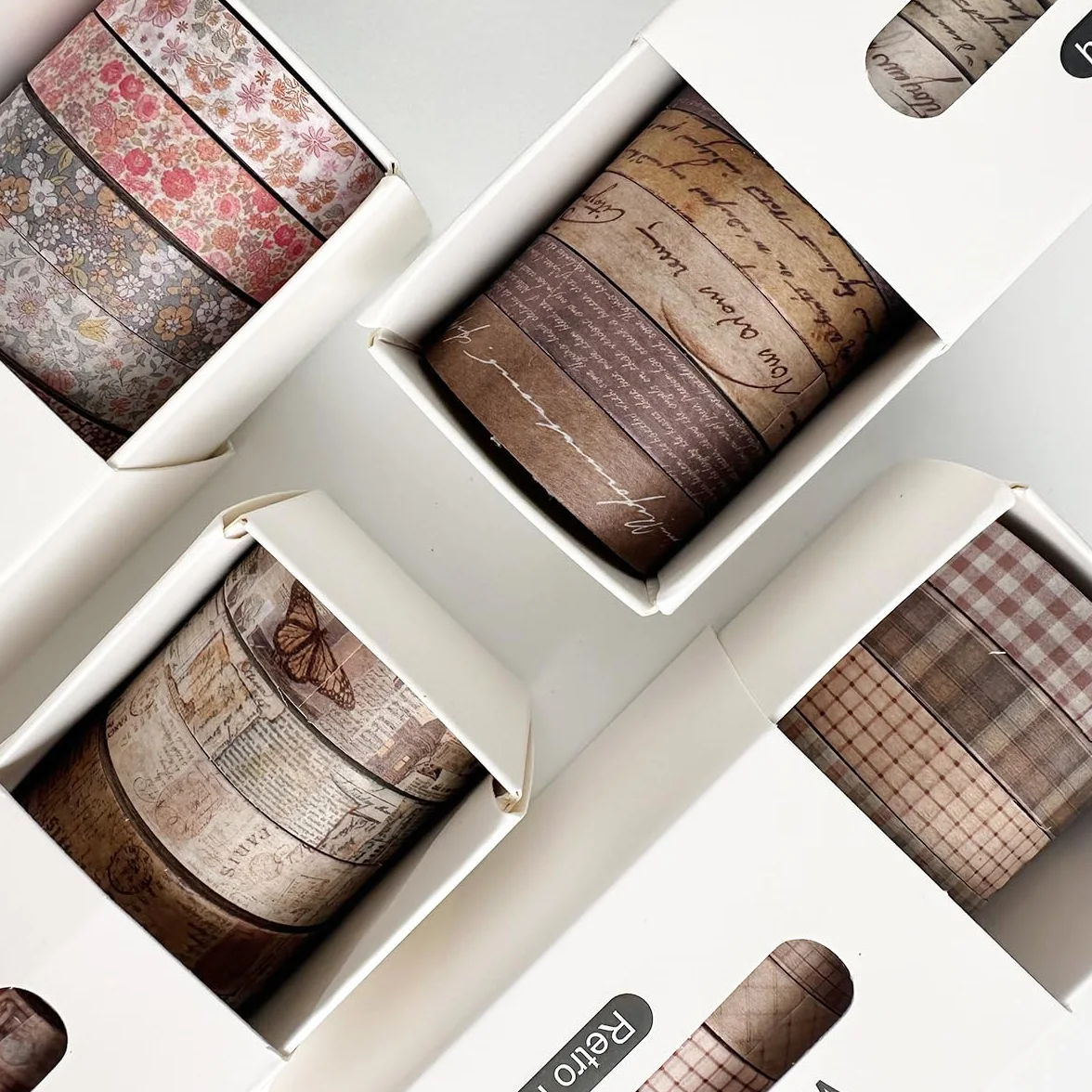 Zestaw 8 rolek taśmy Washi w stylu retro, kolorowa, do majsterkowania, upiększania dzienników, planerów, scrapbookingu i pakowania