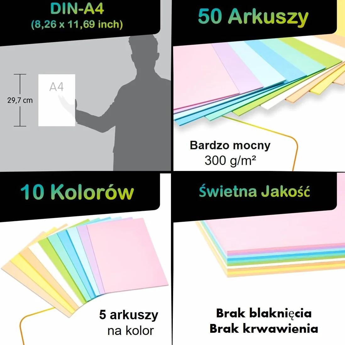 perfect ideaz - 50 arkuszy kartonu fotograficznego DIN-A4, 10 pastelowych kolorów, 300 g/m², wyprodukowano w Niemczech, certyfikat Blauer Engel