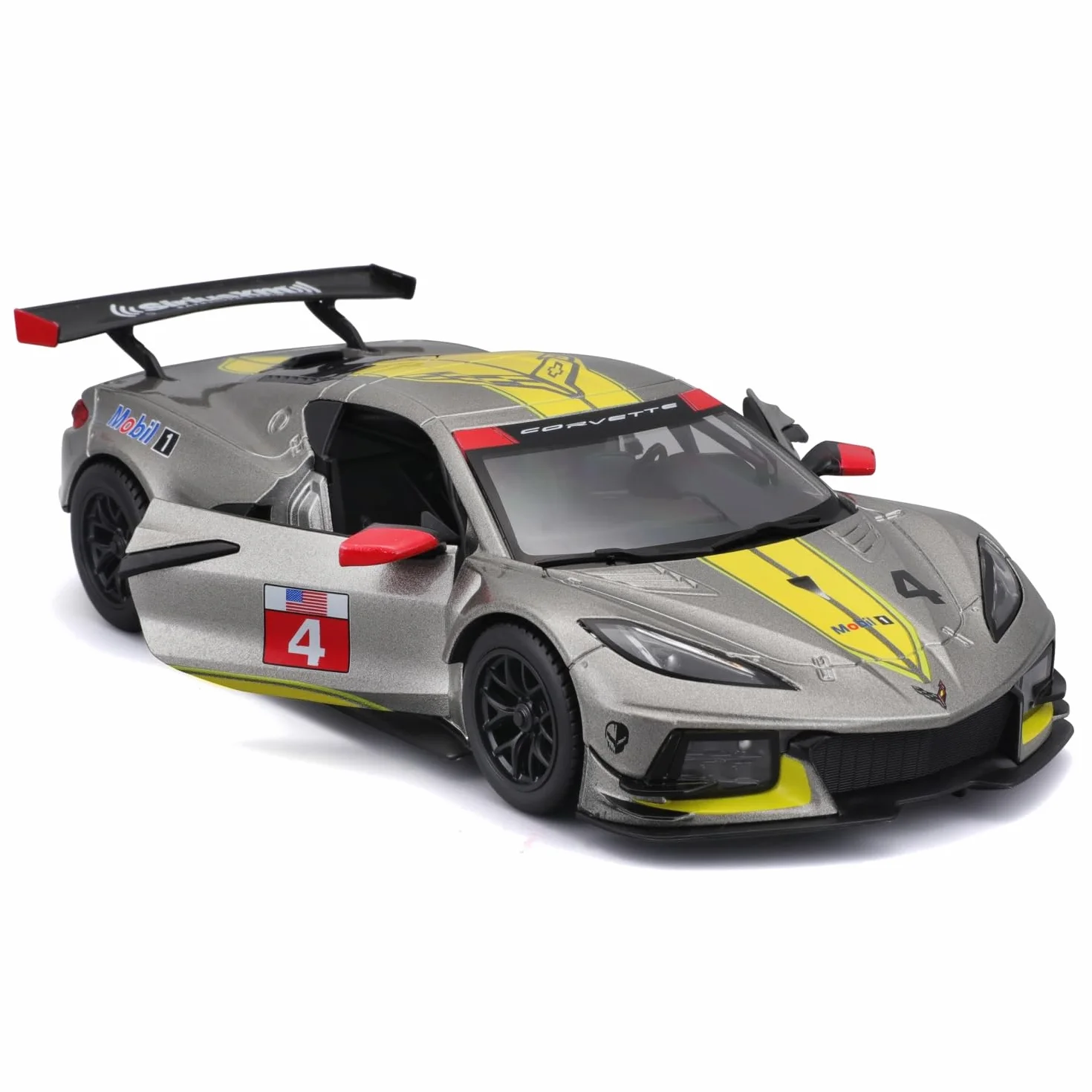 Bburago - Chevrolet Corvette C8R - Żółty - Nowość 2024: metalowa replika wyścigów w skali 1/24. Szczegóły wnętrza, otwierane drzwi i kaptur zapewniają autentyczne wrażenia