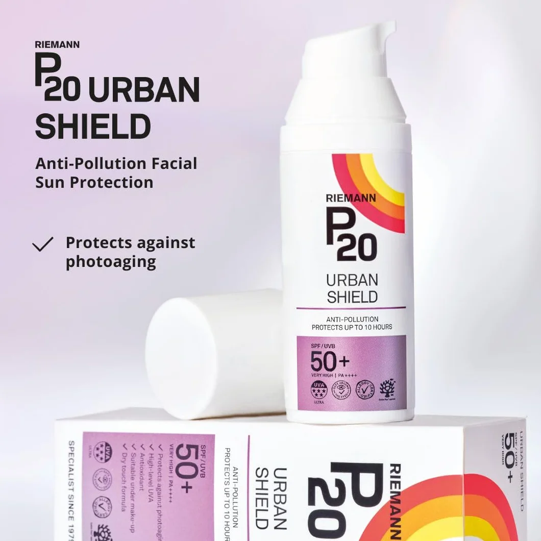 P20 Filtr przeciwsłoneczny SPF 50+, Urban Shield, ochrona przeciwsłoneczna do 10 h, technologia potrójnej ochrony, ochrona przed promieniowaniem UVA/UVB, antyoksydant z witaminą C+E, odporny na wodę i