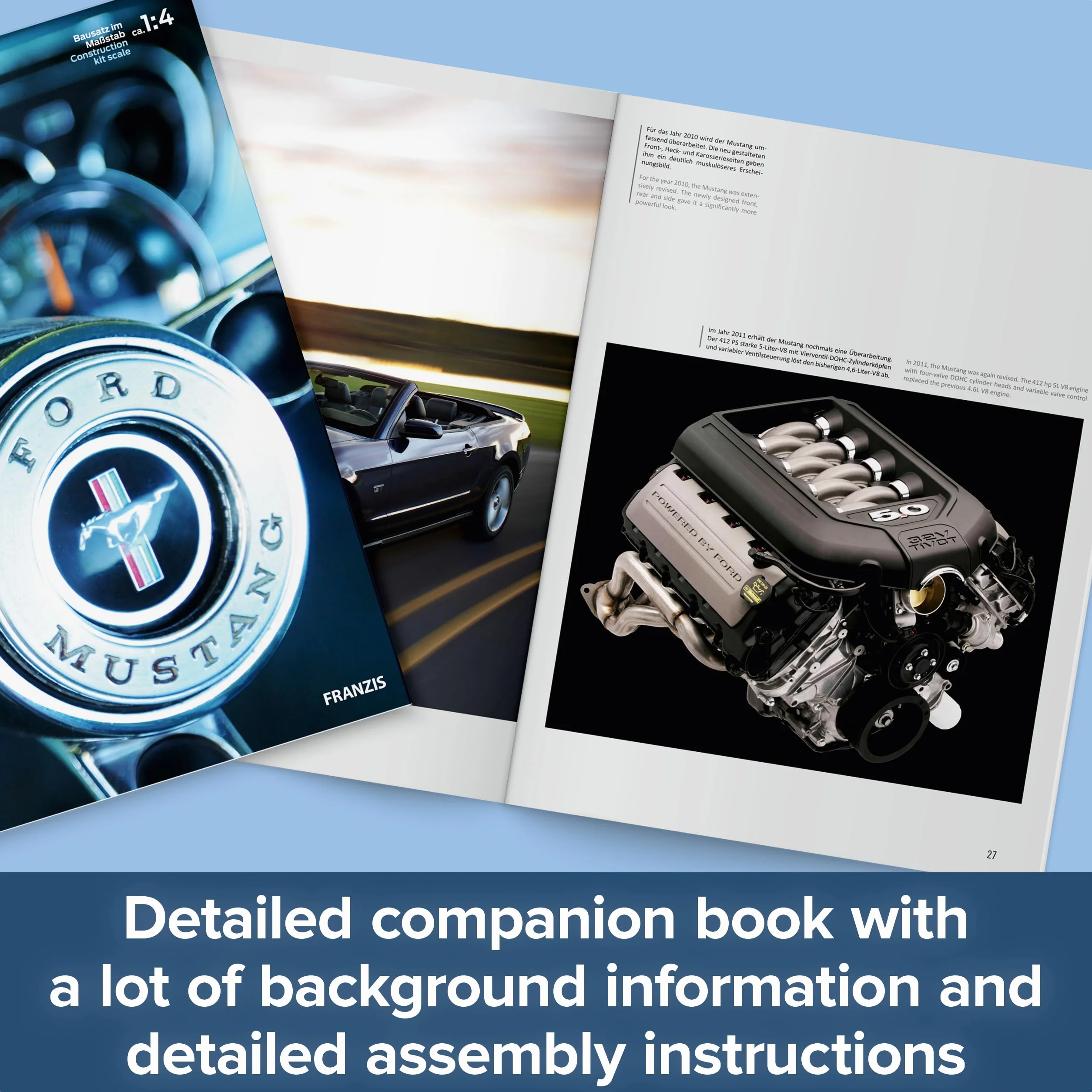 FRANZIS 67501 - Ford Mustang V8 - a true-to-life model kit of 1:4 scale of the Ford Mustang engine, original motorsound and a comprehensive accompanying handbook with 100 pages