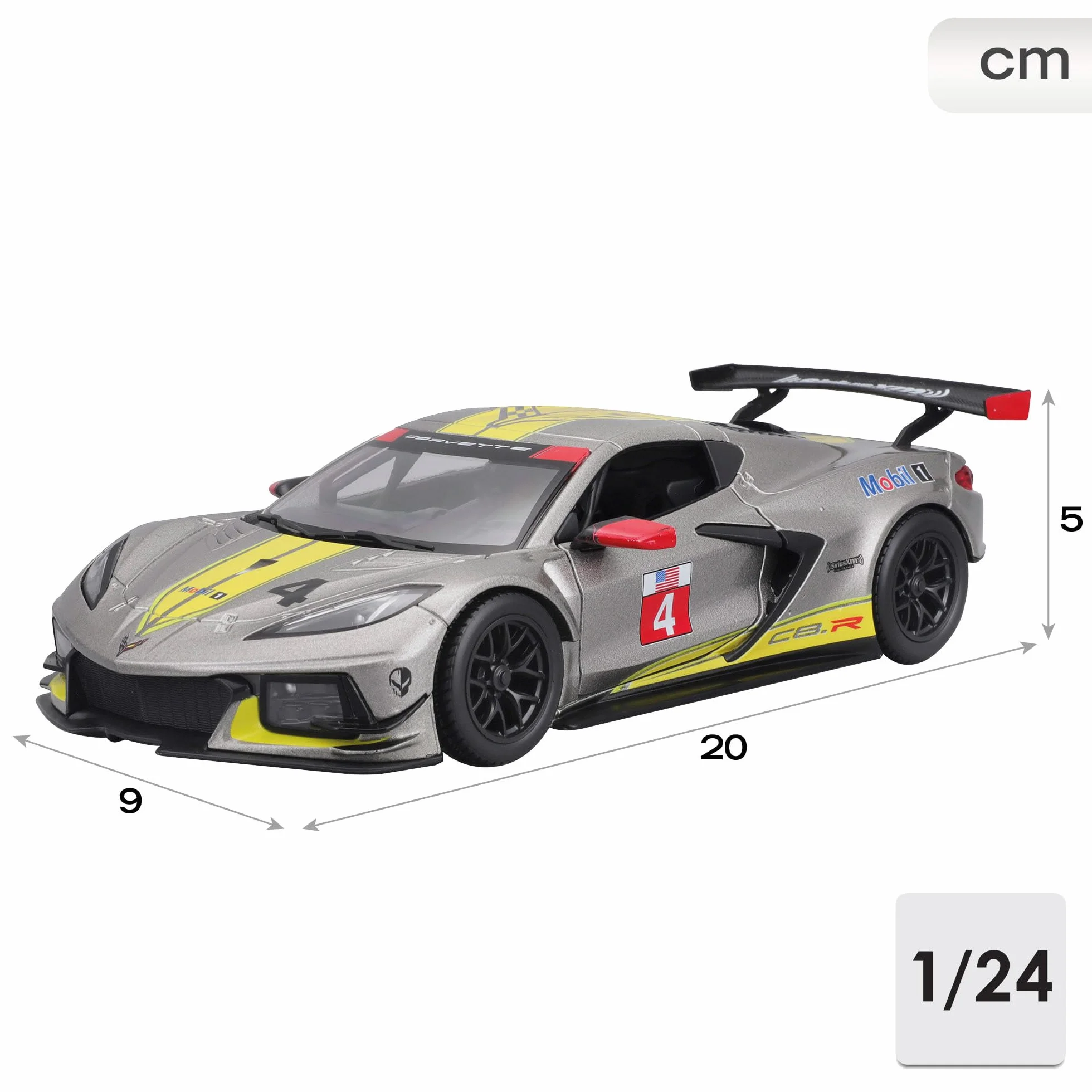 Bburago - Chevrolet Corvette C8R - Żółty - Nowość 2024: metalowa replika wyścigów w skali 1/24. Szczegóły wnętrza, otwierane drzwi i kaptur zapewniają autentyczne wrażenia