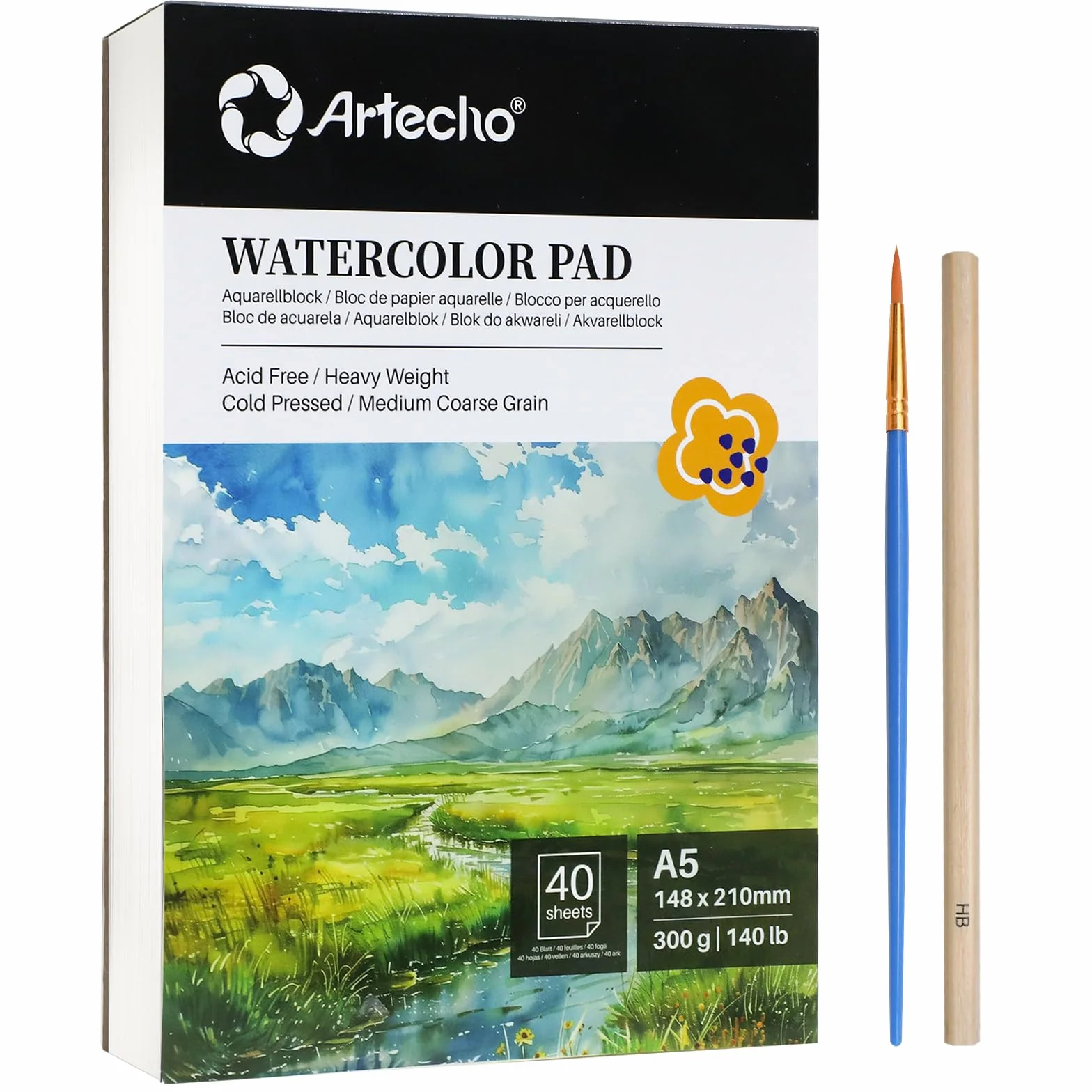 Artecho papier akwarelowy A5, 40 arkuszy z pędzelkiem wodnym i ołówkiem, papier akwarelowy 300 g/m², bloczek do rysunku artystycznego, szkicownik akwarelowy do malowania, rysowania, szkicowania i
