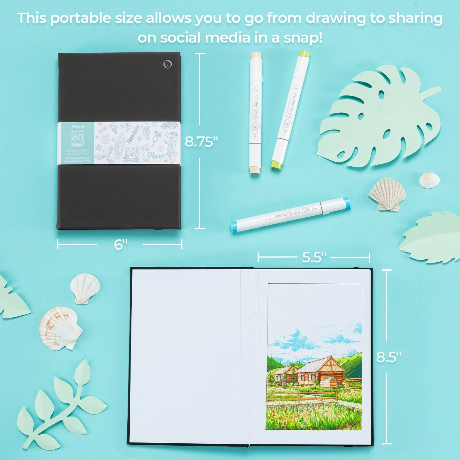 Ohuhu Dwustronny szkicownik A5 odporny na przebarwienia, papier 150 g/m² bez przebarwień, 120 stron (60 arkuszy), 14 × 21,6 cm (rozmiar A5), notatnik artystyczny ze skóry poliuretanowej w twardej