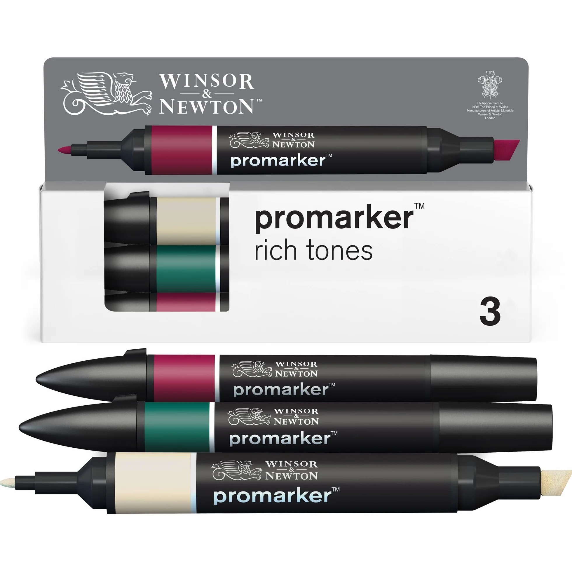 Winsor & Newton 0290191 ProMarker Set - Bogate odcienie, 3 znaczniki układu w zestawie, z 2 końcówkami, cienkie i szerokie do rysunków, projektów i układów