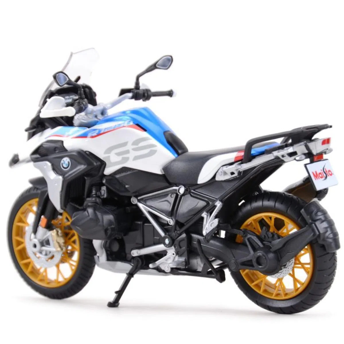 Maisto BMW R1250GS: model motocykla w skali 1:12, ze sprężyną i rozkładanym stojakiem bocznym, 17 cm, niebiesko-biały (5-20100), średni