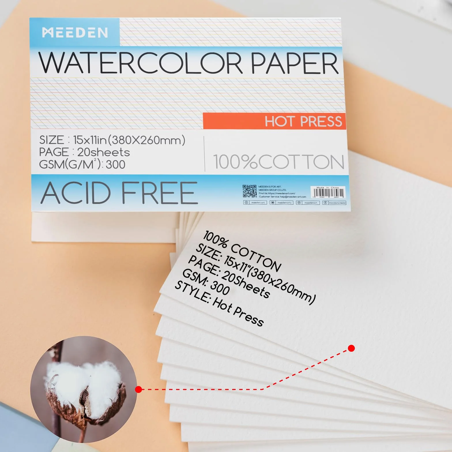 MEEDEN Papier akwarelowy Blok - 100% bawełna Papier akwarelowy Blok z 20 kartkami, 140lb/300g/m², wolne od kwasów papier artystyczny do akwareli, gouache, atramentu i więcej, 38 x 26cm Hot Press