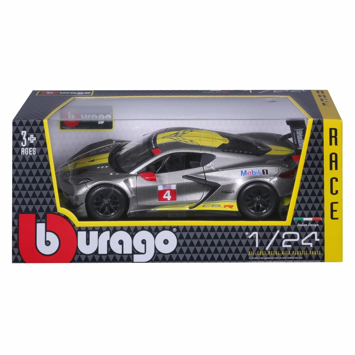 Bburago - Chevrolet Corvette C8R - Żółty - Nowość 2024: metalowa replika wyścigów w skali 1/24. Szczegóły wnętrza, otwierane drzwi i kaptur zapewniają autentyczne wrażenia