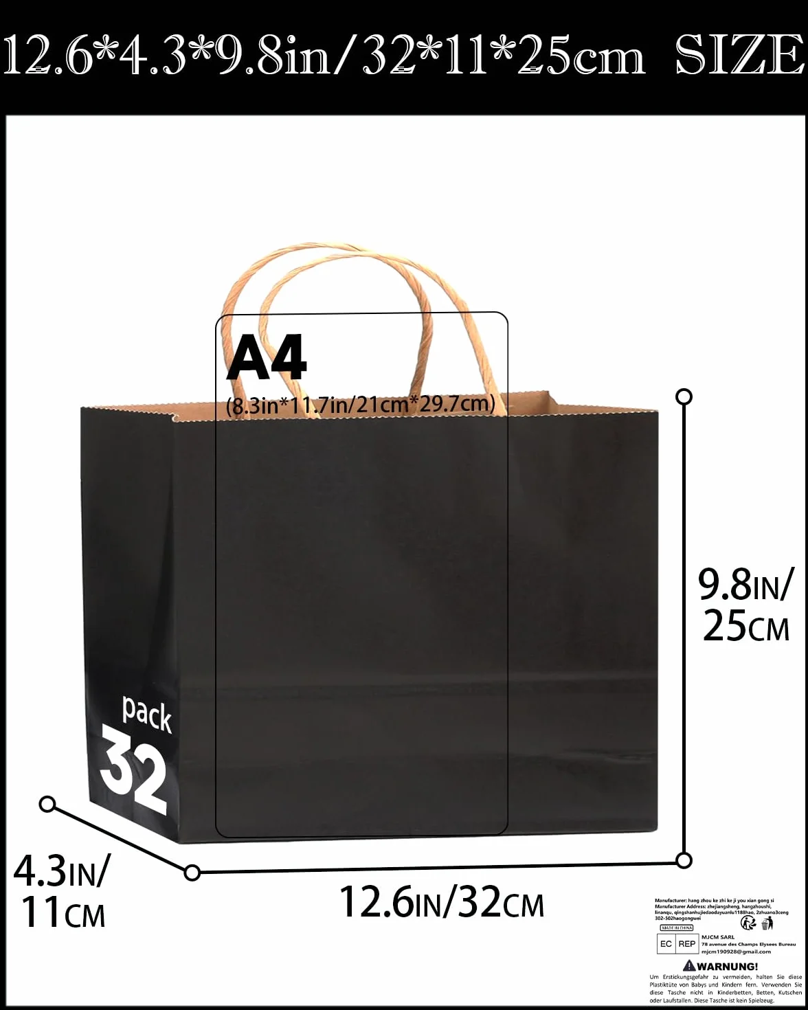 Gcardist 100 sztuk czarnych torebek prezentowych z papieru z uchwytami – 12,6" x 4,3" x 10" – torby szerokie torebki prezentowe na imprezy do różnorodnych zastosowań