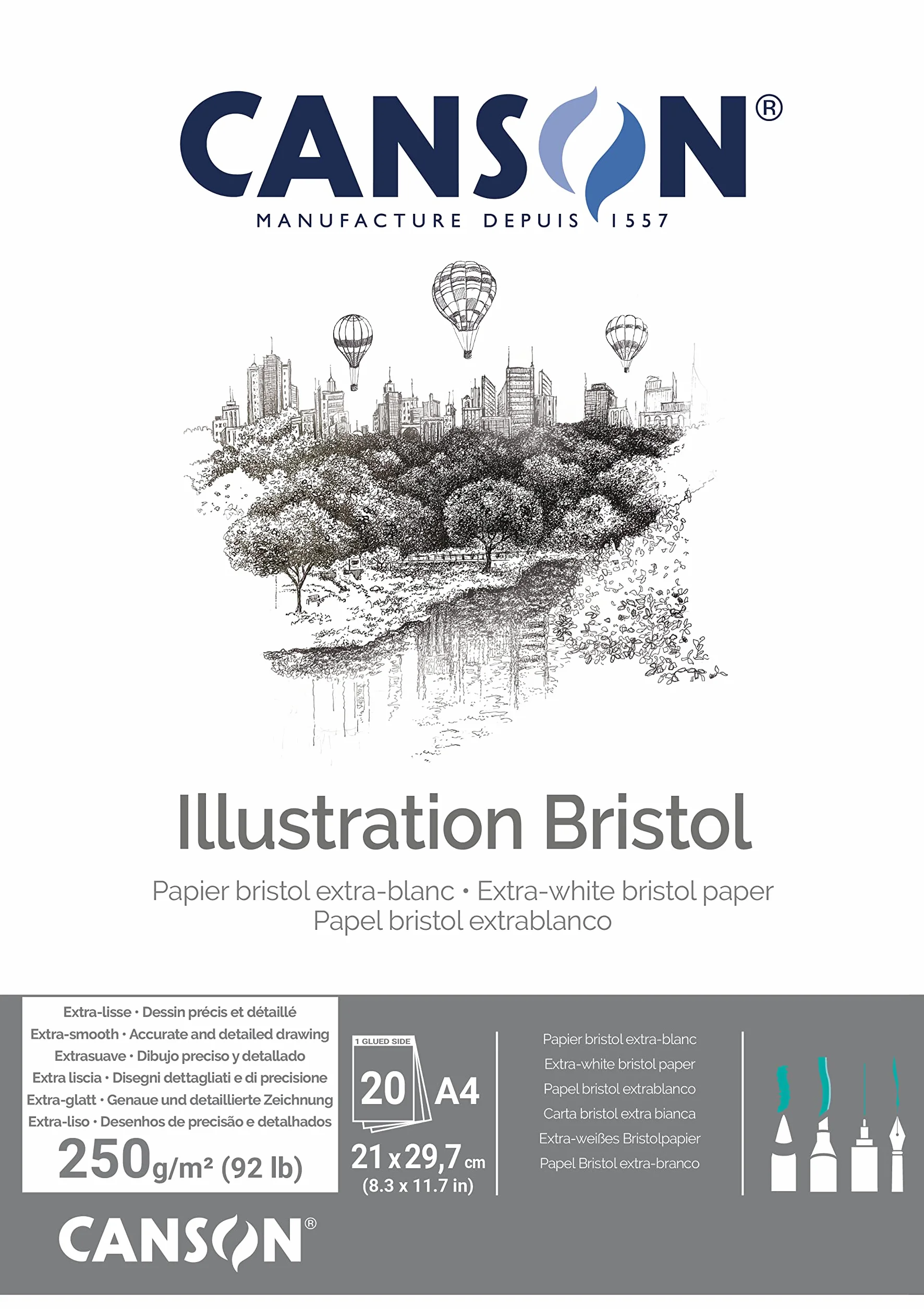 Canson Bristol papier 250 g/m², wysoka biel i ultra gładka, podkładka A4 z 20 arkuszami