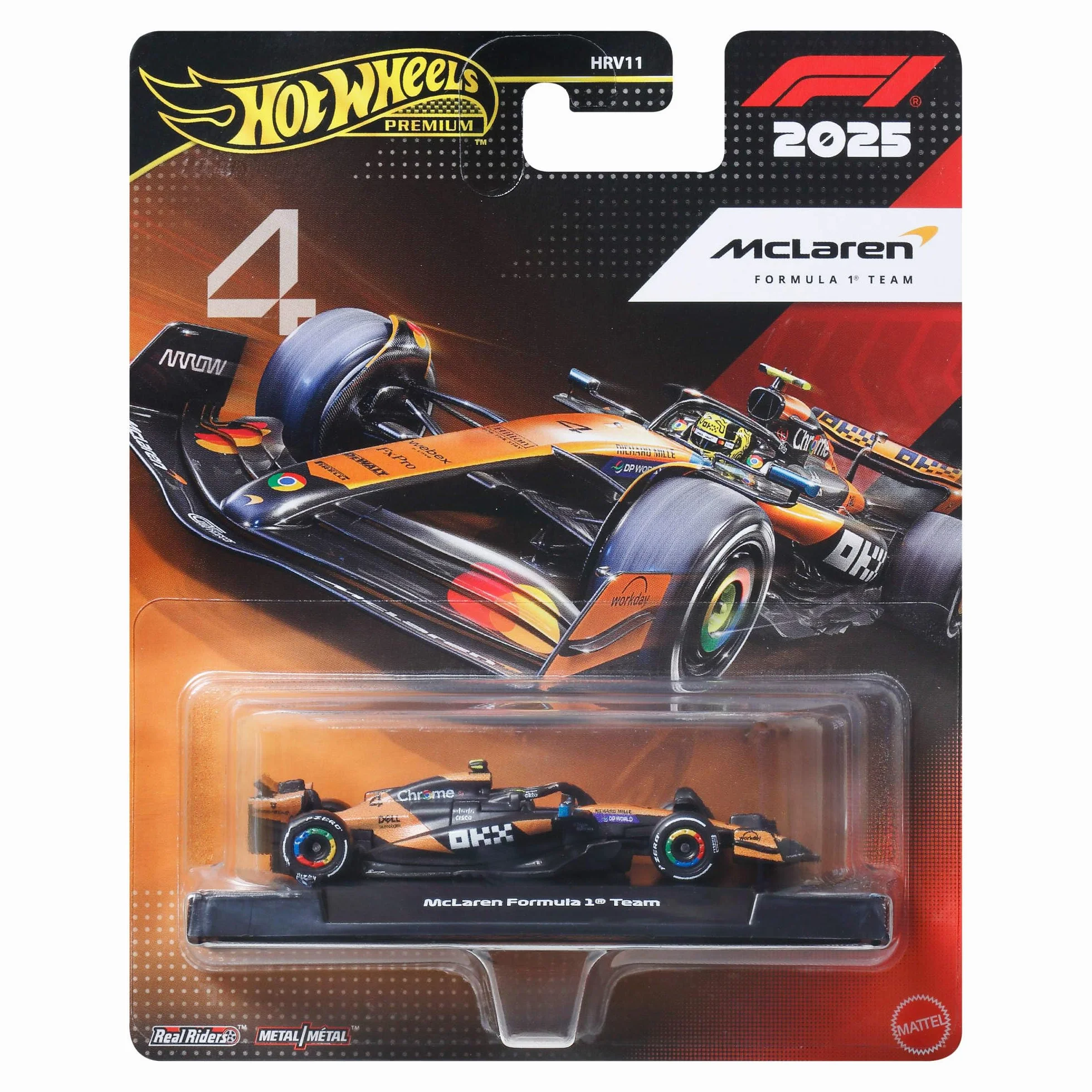 Hot Wheels Premium Formuła 1 Samochodzik Bolid F1 McLaren – Lando Norris #4, samochód wyścigowy w skali 1:64, opony Real Riders i metalowa konstrukcja, auto dla dorosłych kolekcjonerów, JKD88
